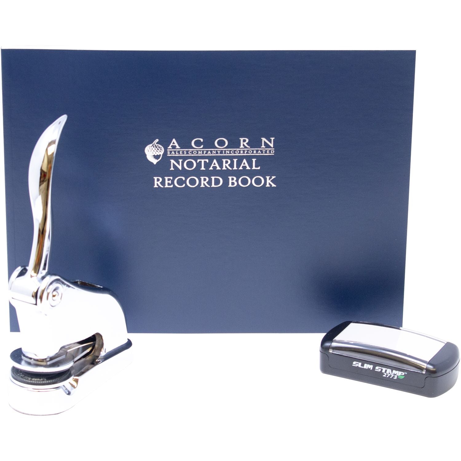 Acorn Notarial Record Book with chrome embosser and Slim Stamp, notary office supplies on white background