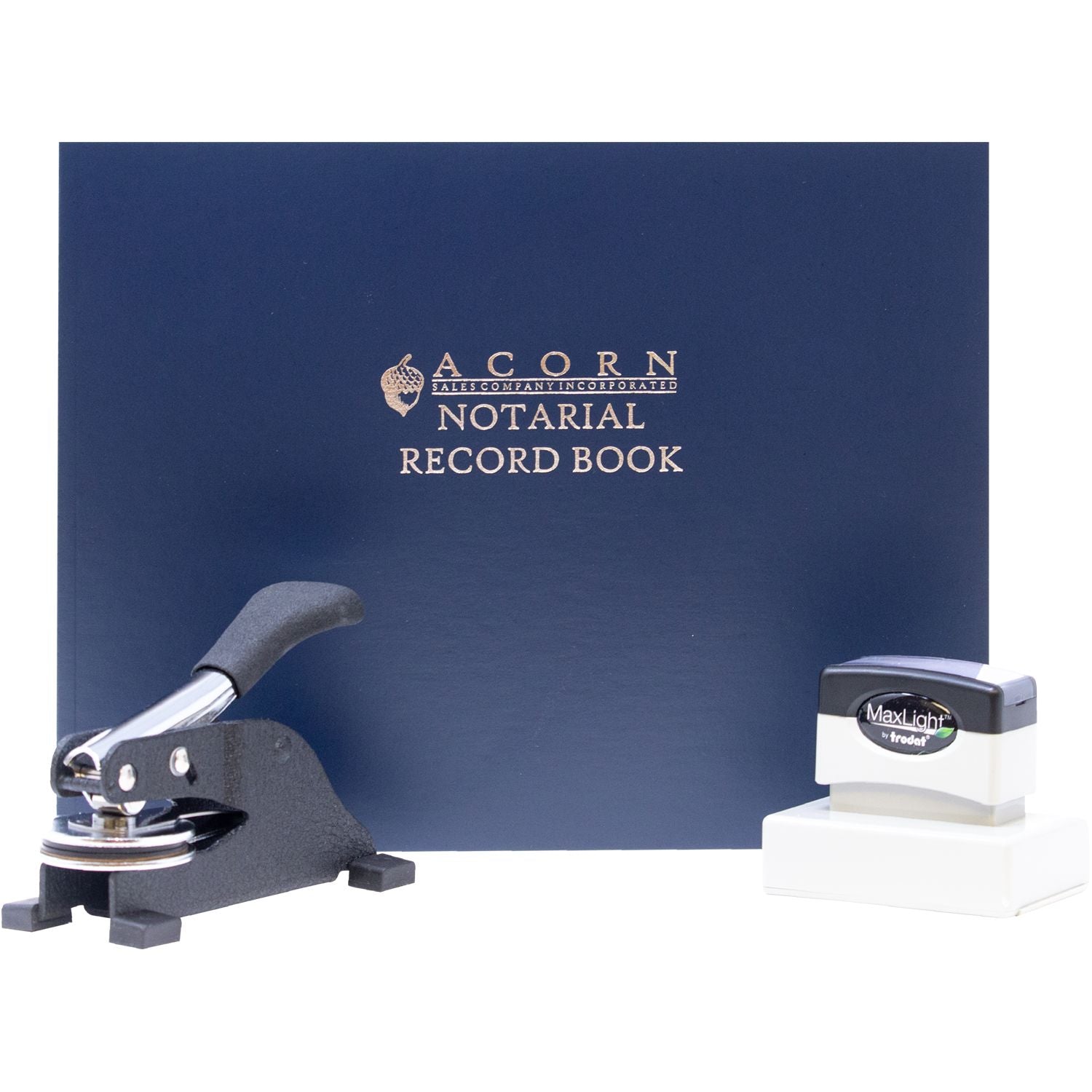 Acorn Notarial Record Book with heavy-duty hole punch and MaxLight self-inking stamp set.
