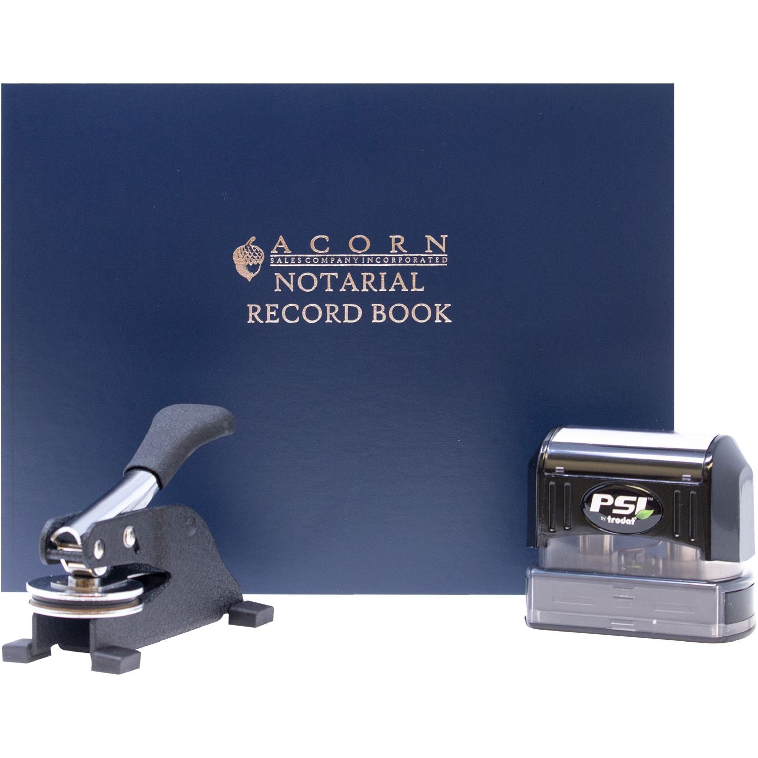 Acorn notarial record book with notary embosser and PSI Trodat stamp, professional notary supplies set