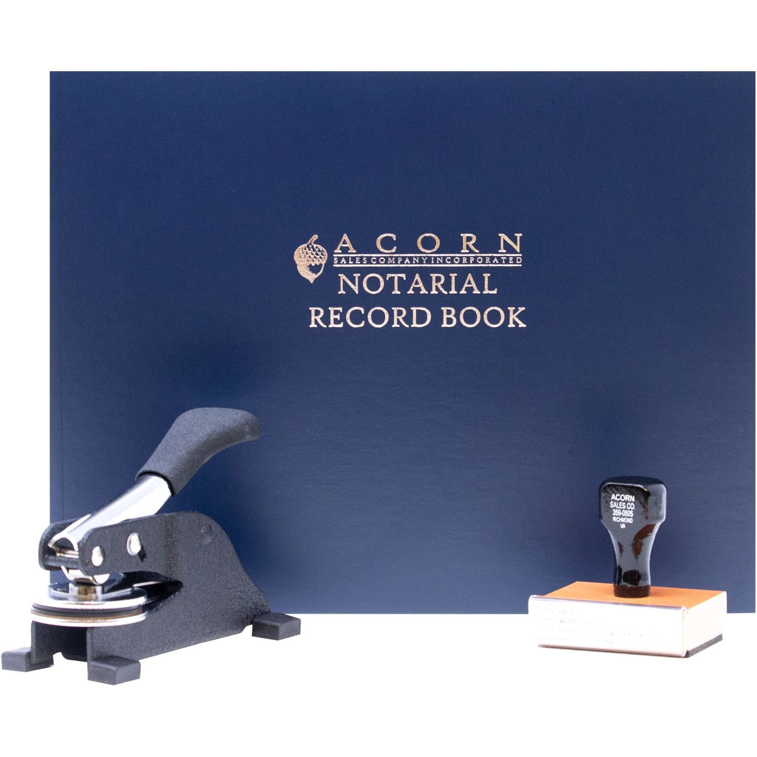 Acorn Notarial Record Book with notary embosser and stamp set on white background