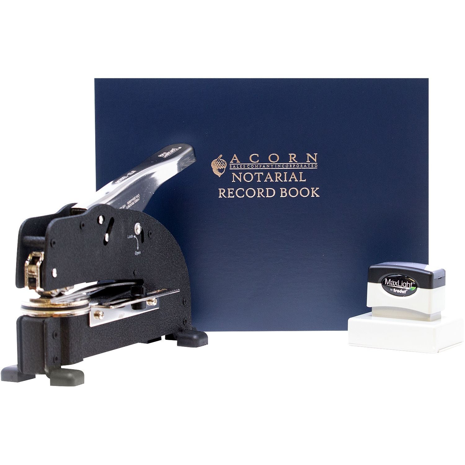 Acorn Notarial Record Book with embossing seal and MaxLight stamp for notary record keeping.