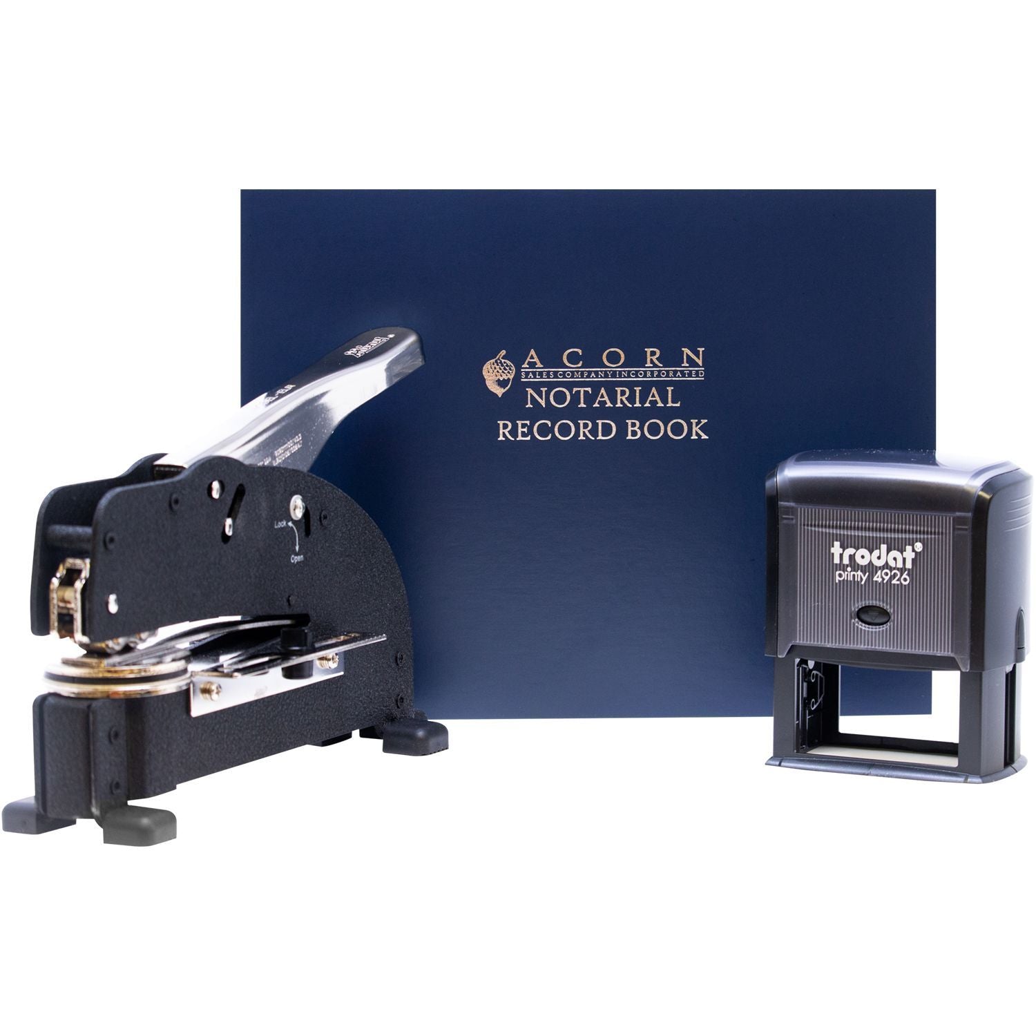 Acorn notarial record book with embossing seal press and Trodat Printy notary stamp on white background.