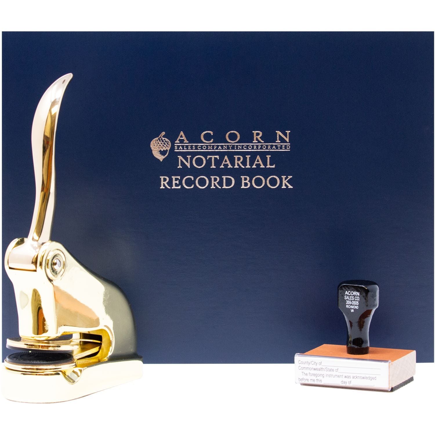 Acorn Notarial Record Book with gold notary embosser and stamp, office supplies for official document notarization