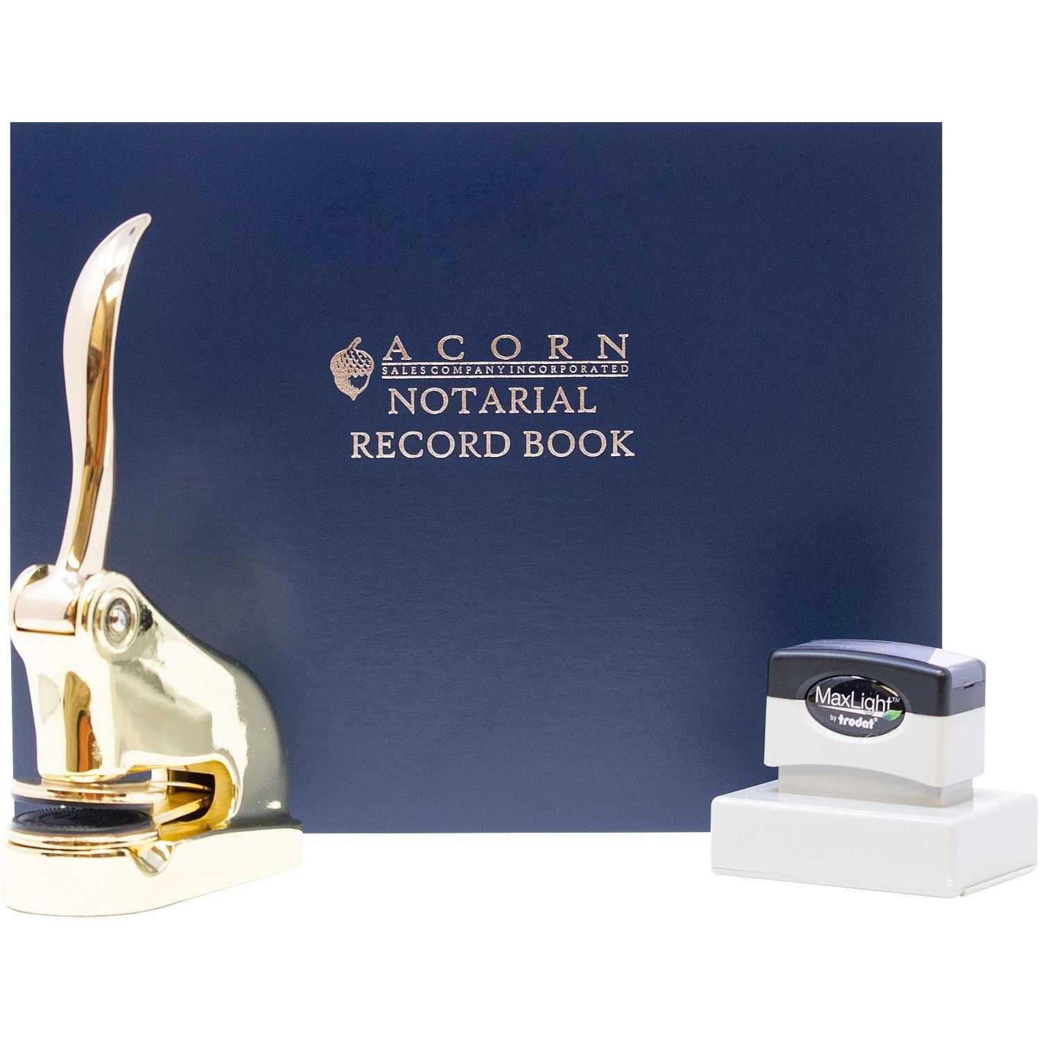 Acorn notarial record book with gold embosser and MaxLight self-inking stamp for professional notarization.