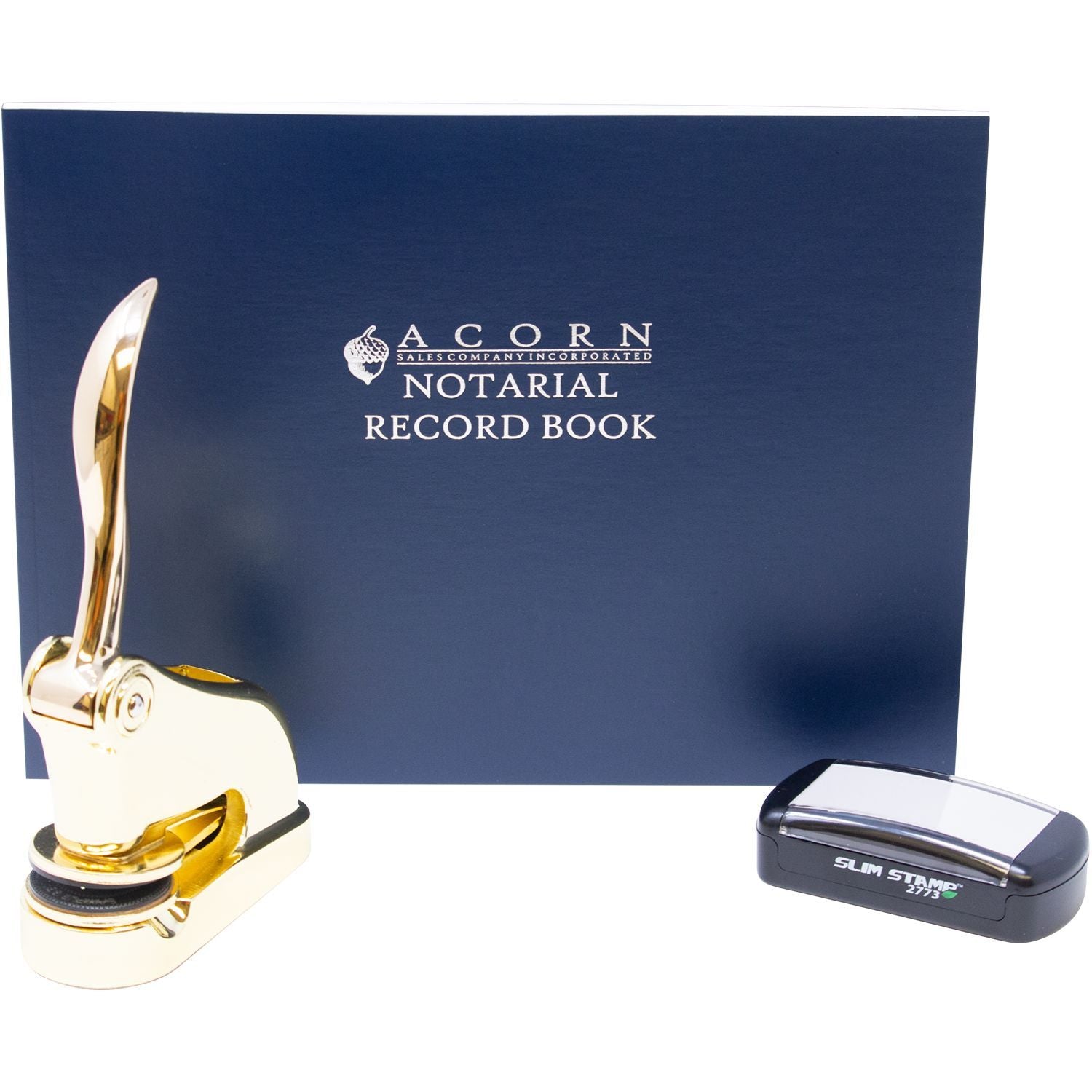 Acorn Notarial Record Book with gold seal embosser and Slim Stamp 2773 notary supplies set