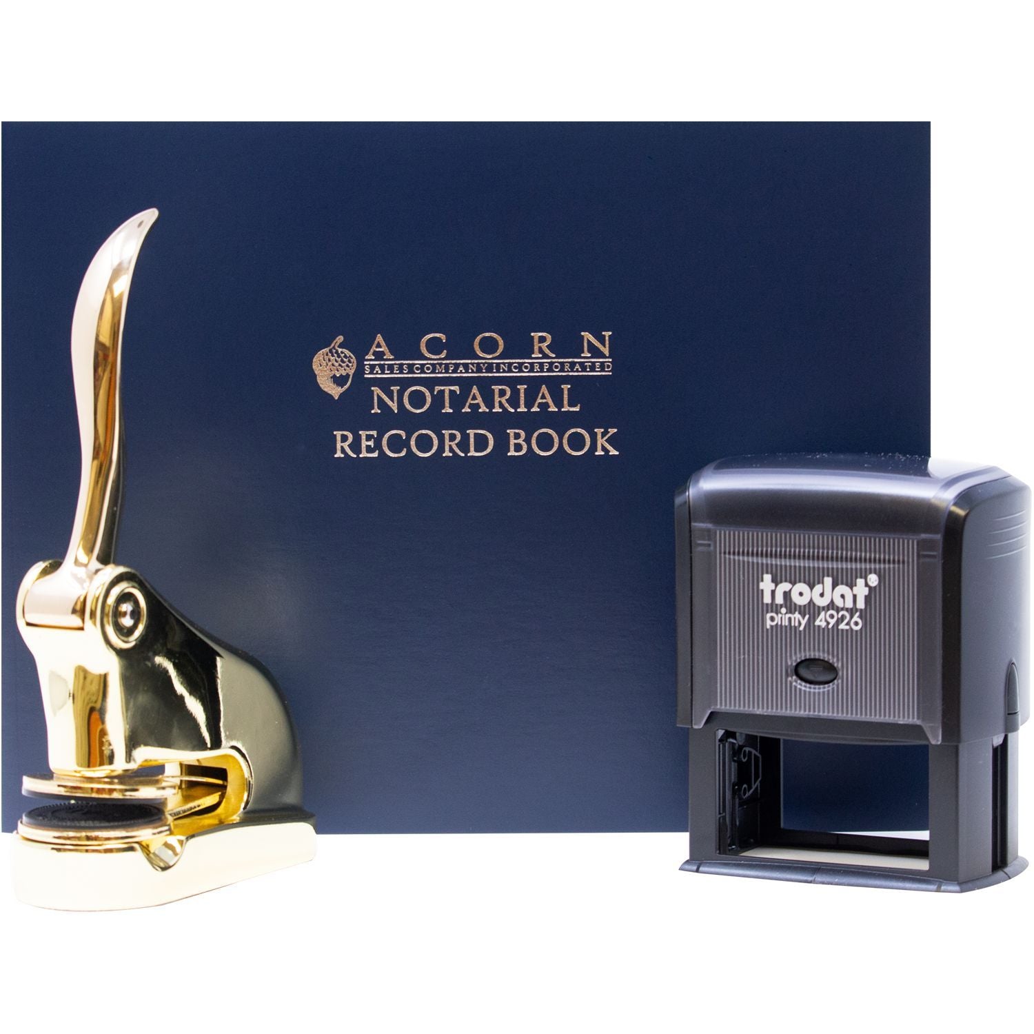 Acorn Notarial Record Book with gold notary seal embosser and Trodat Printy 4926 stamp for professional notarial records