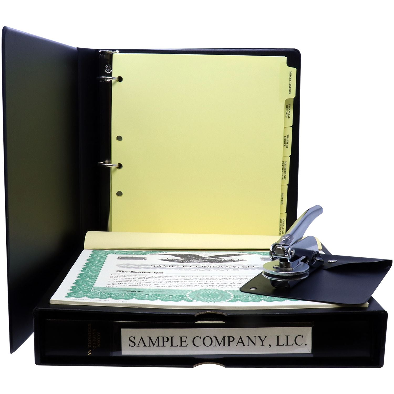 Black business records binder with tabbed dividers and certificate paperwork for company organization and filing.