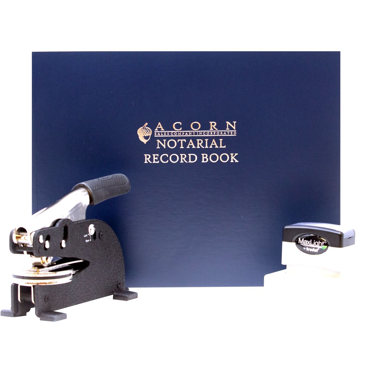 Acorn Notarial Record Book with office binding tools on a white background