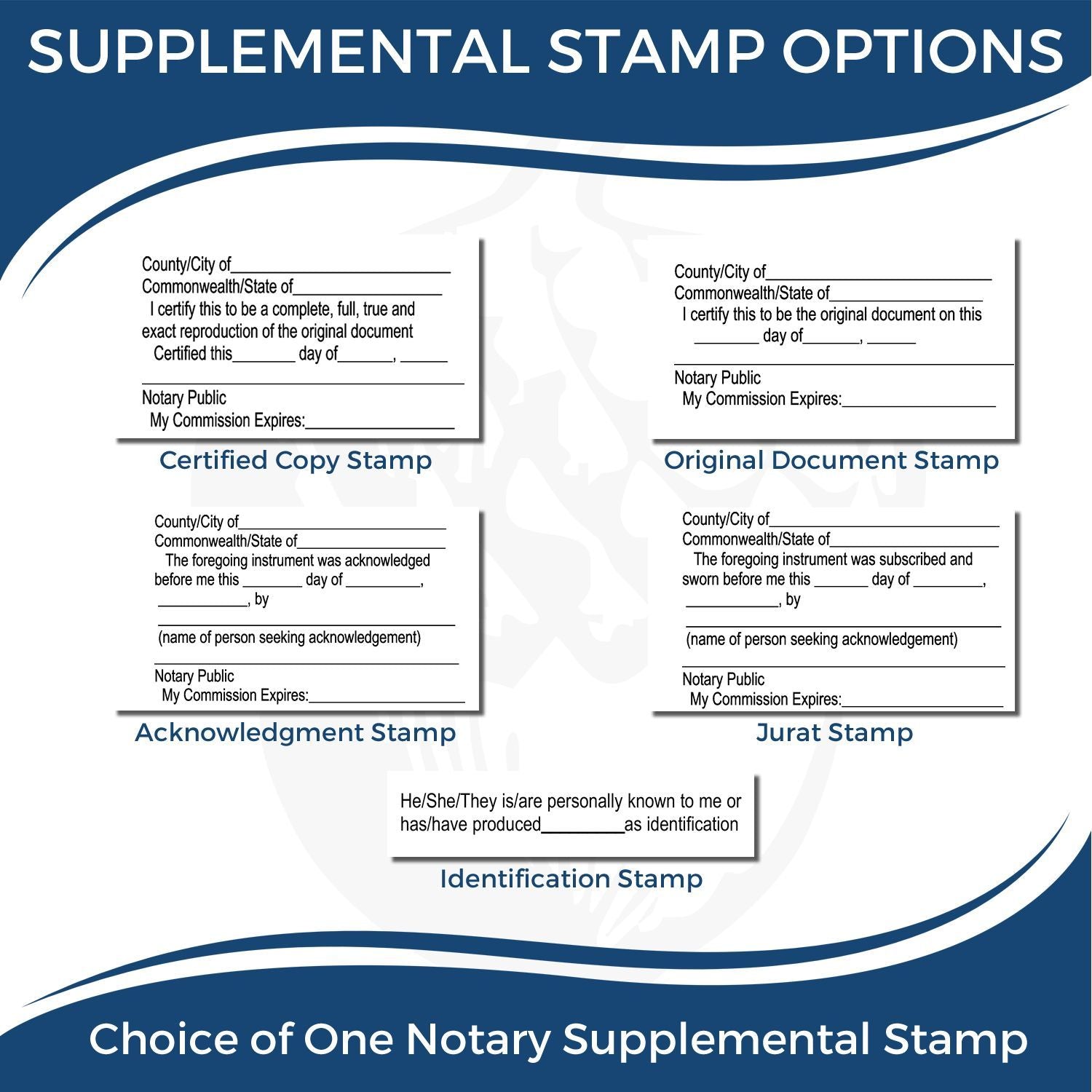 Supplemental notary stamp options infographic showing certified copy, original document, acknowledgment, jurat, and identification stamps.