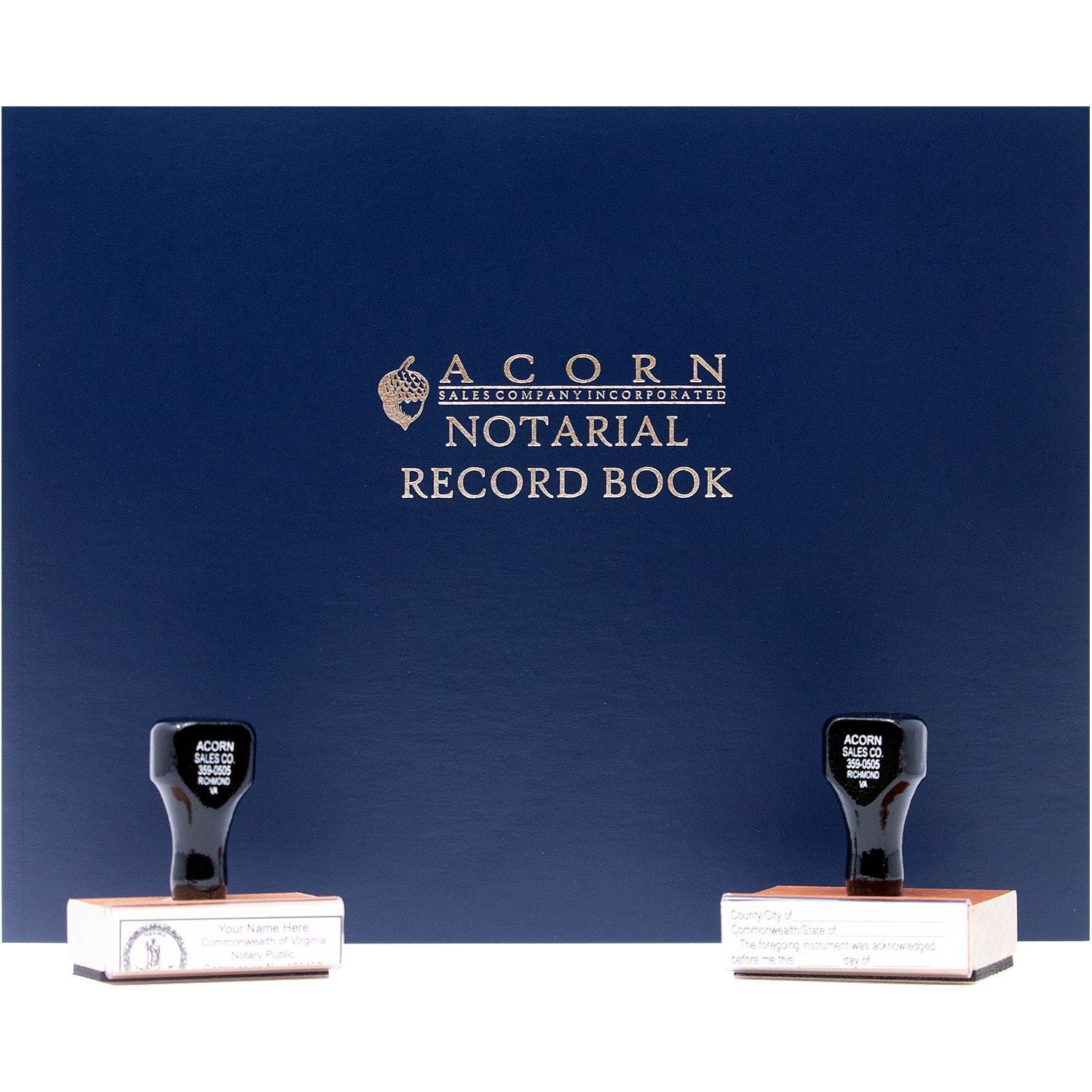 Blue Acorn Sales Company notarial record book with two notary stamps on display.
