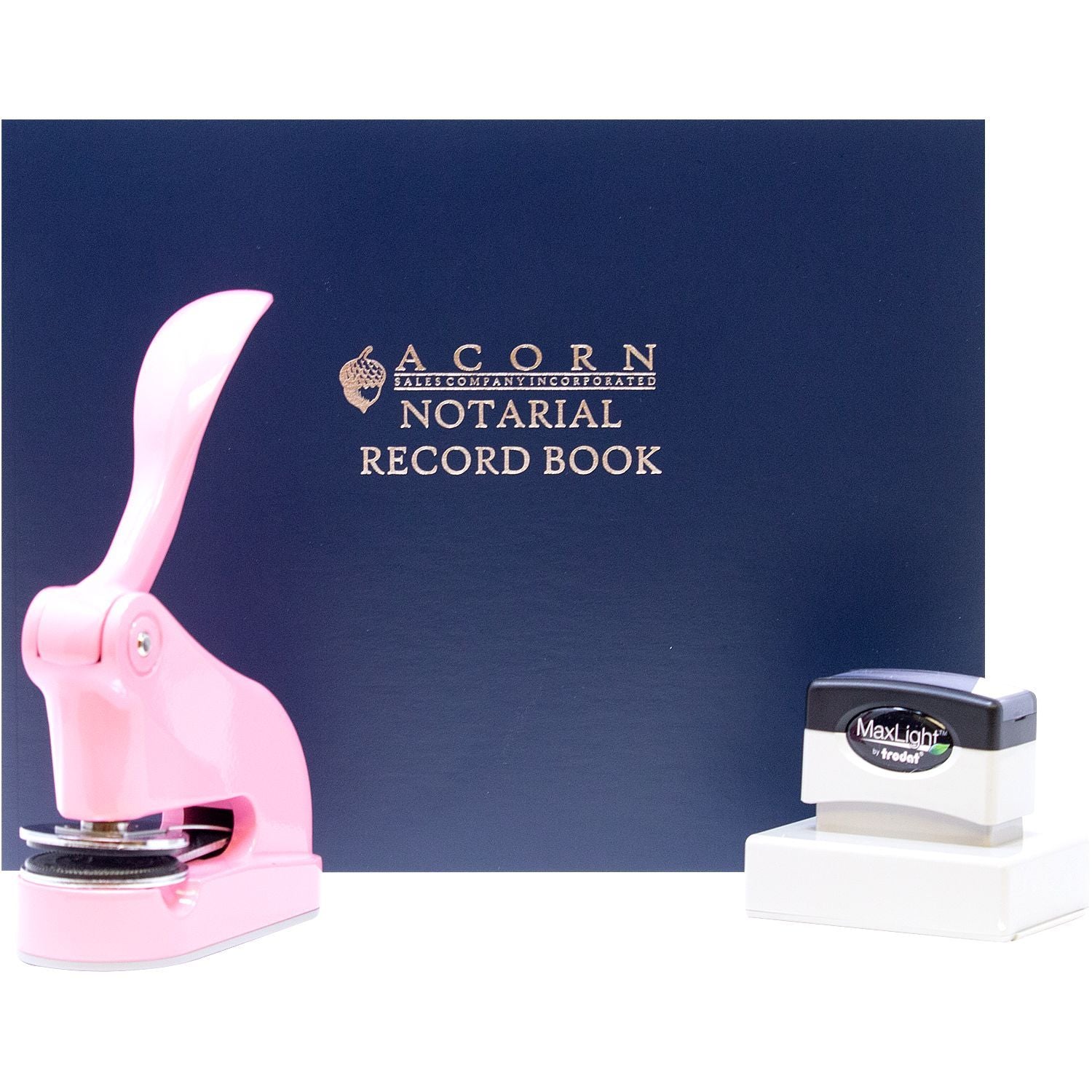 Acorn Notarial Record Book with pink embosser and MaxLight self-inking notary stamp, notary office supplies set