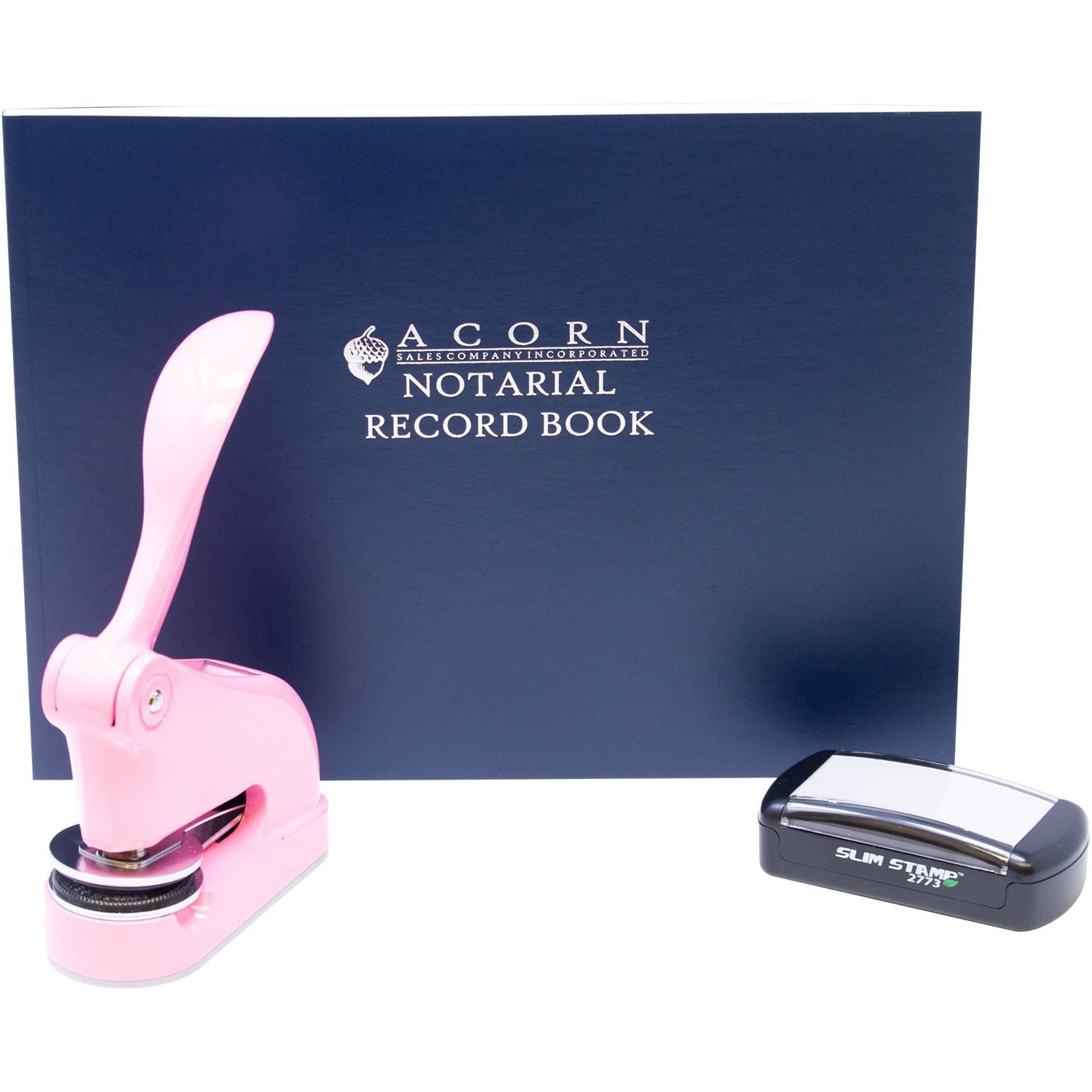 Acorn Notarial Record Book with pink embossing seal press and slim notary stamp for office record keeping