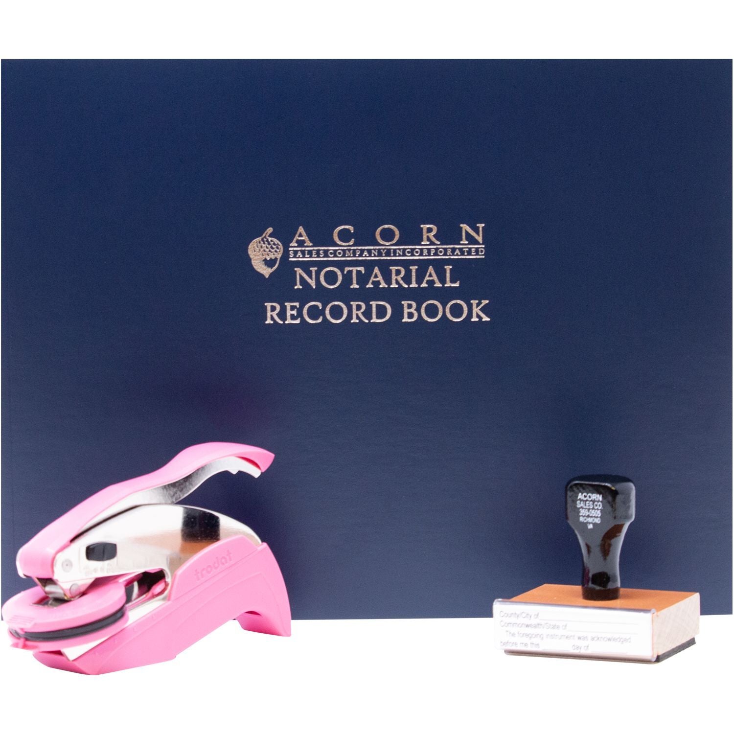 Acorn Notarial Record Book with pink stapler and notary stamp on white background.