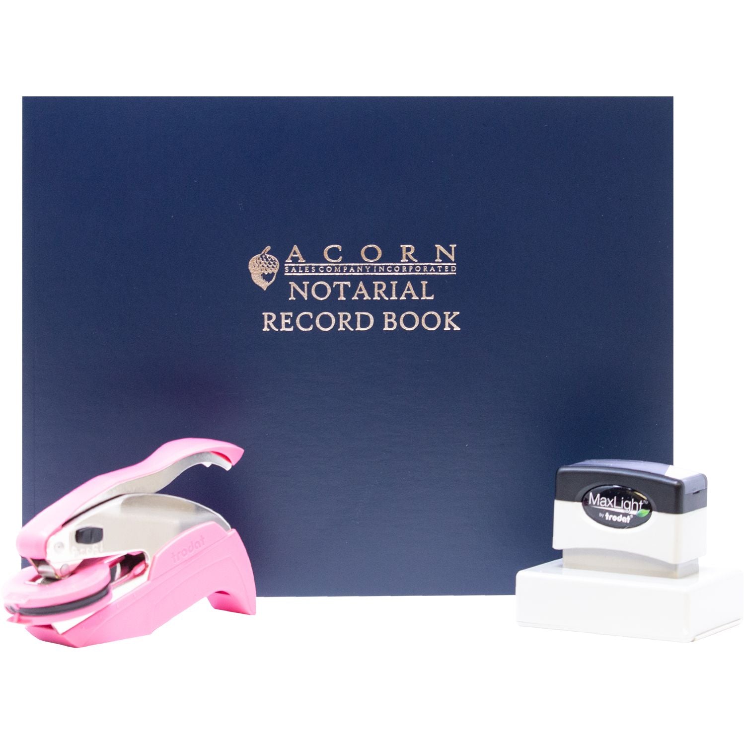 Acorn notarial record book with pink stapler and self-inking stamp on white background