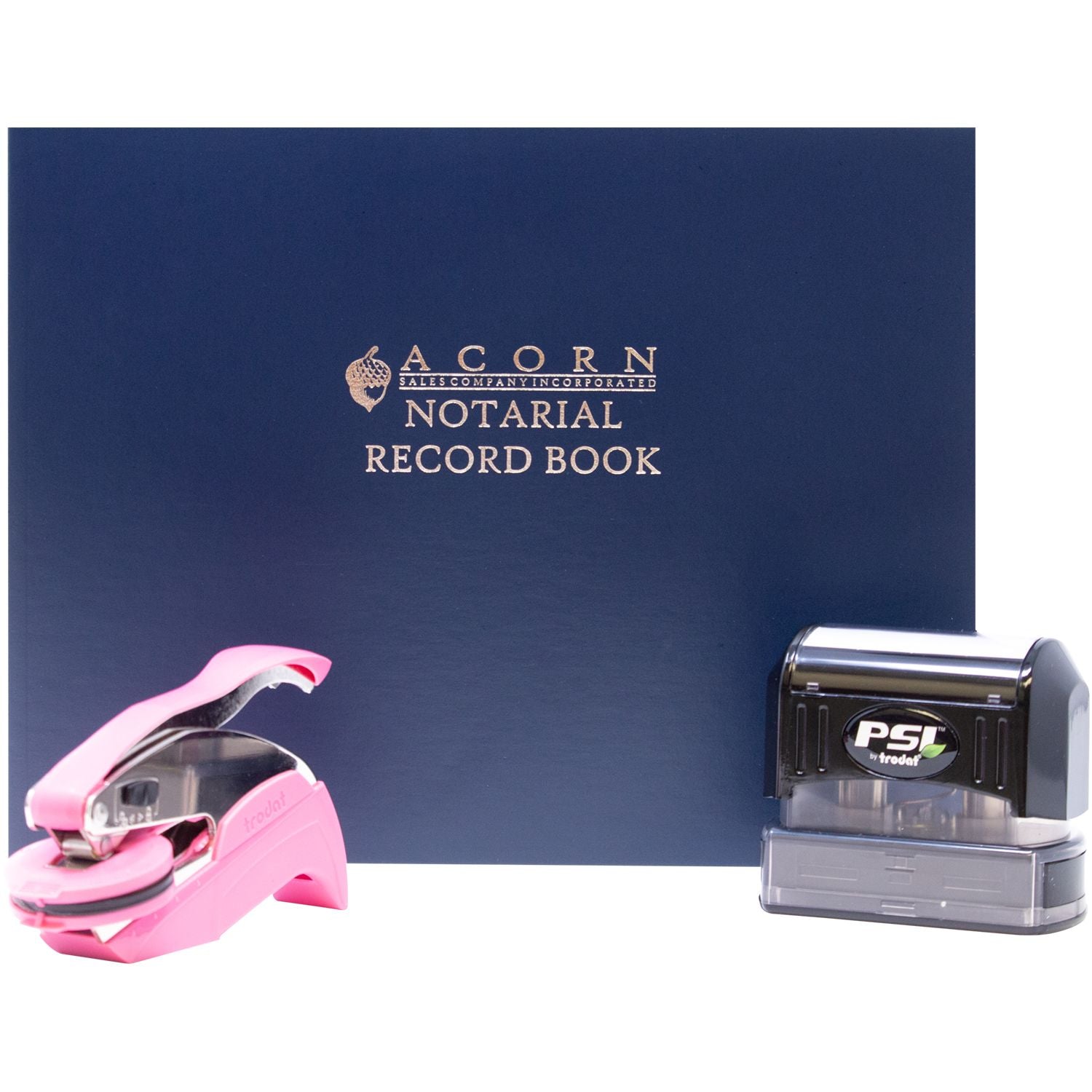Acorn Sales Company notarial record book with pink and black self-inking stamps on white background.