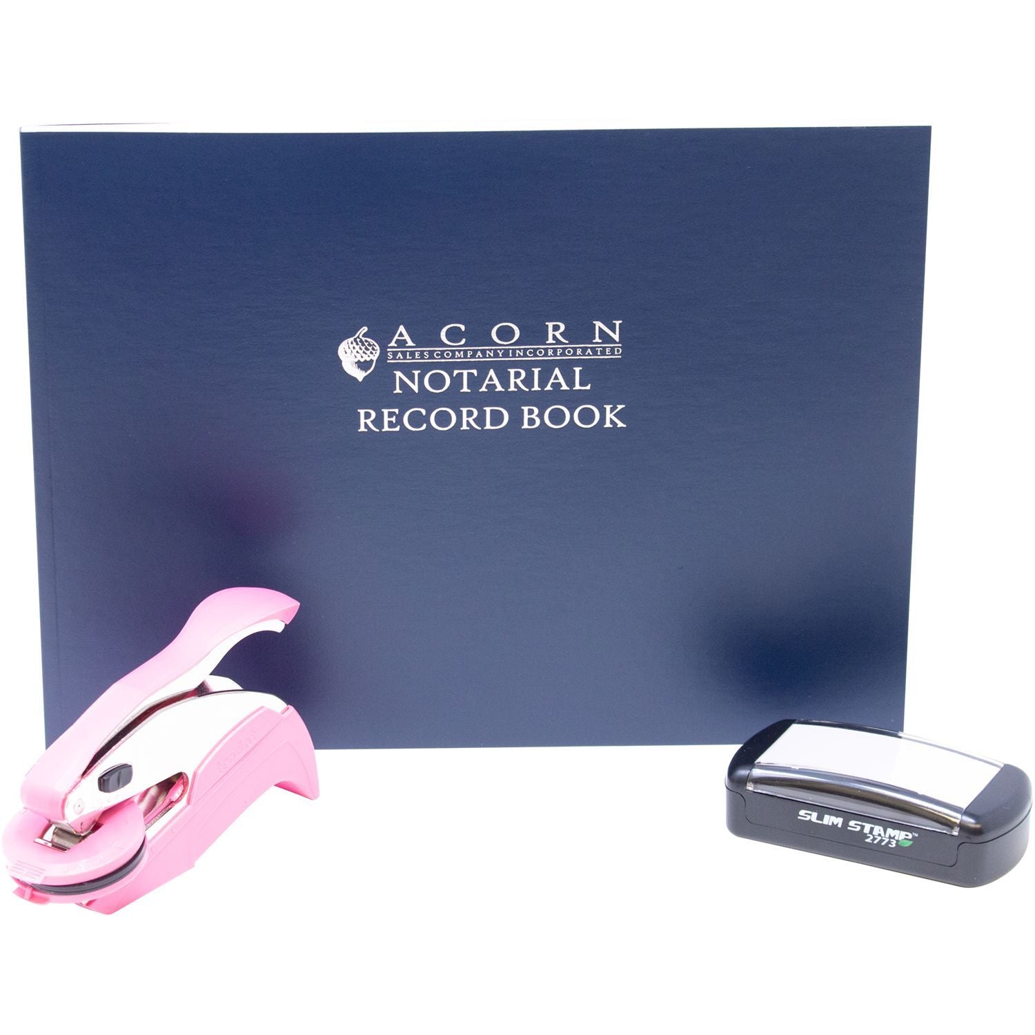 Acorn notarial record book with pink stapler and slim stamp office supplies set