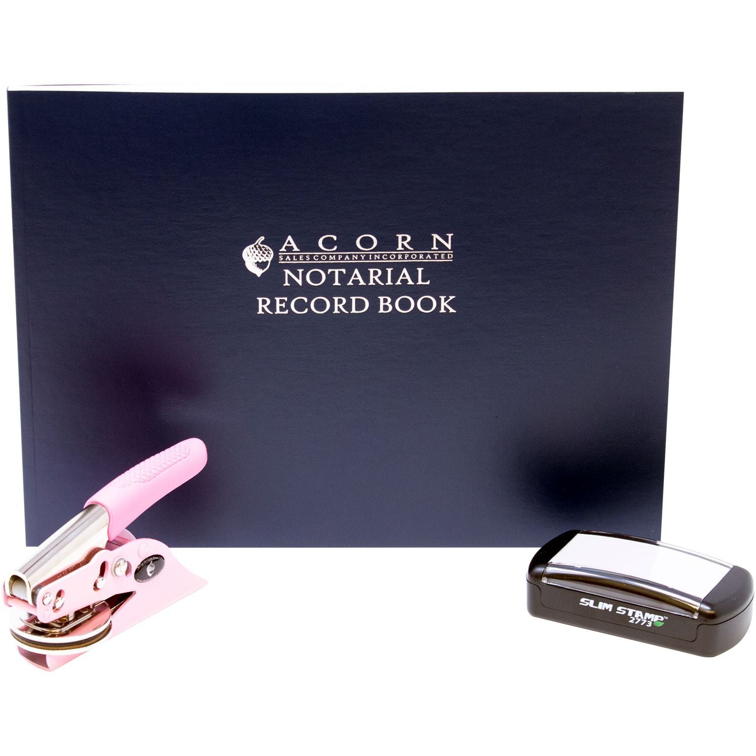Acorn Notarial Record Book with pink hole punch and Slim Stamp notary supplies on white background