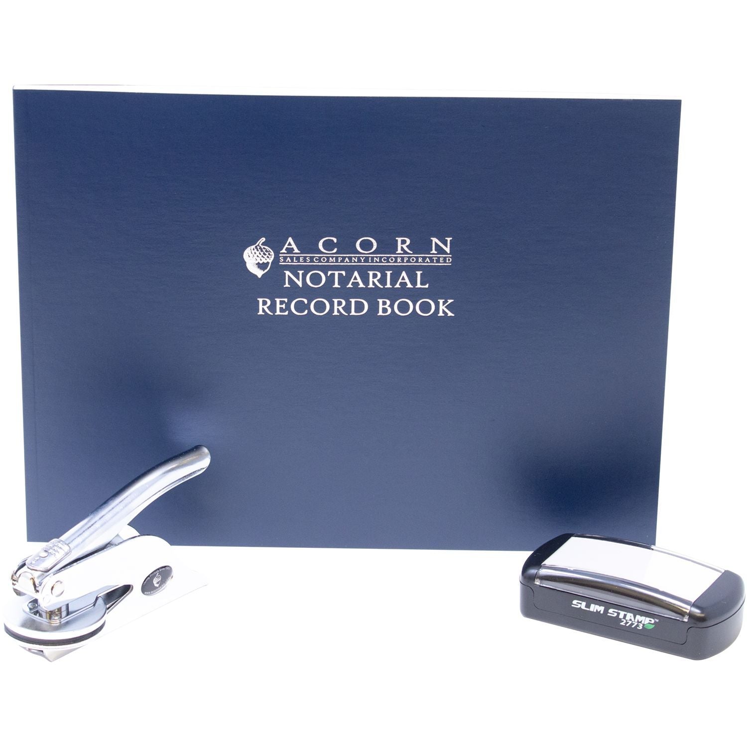 Acorn Notarial Record Book with heavy-duty hole punch and Slim Stamp, office notarization supplies set on white background