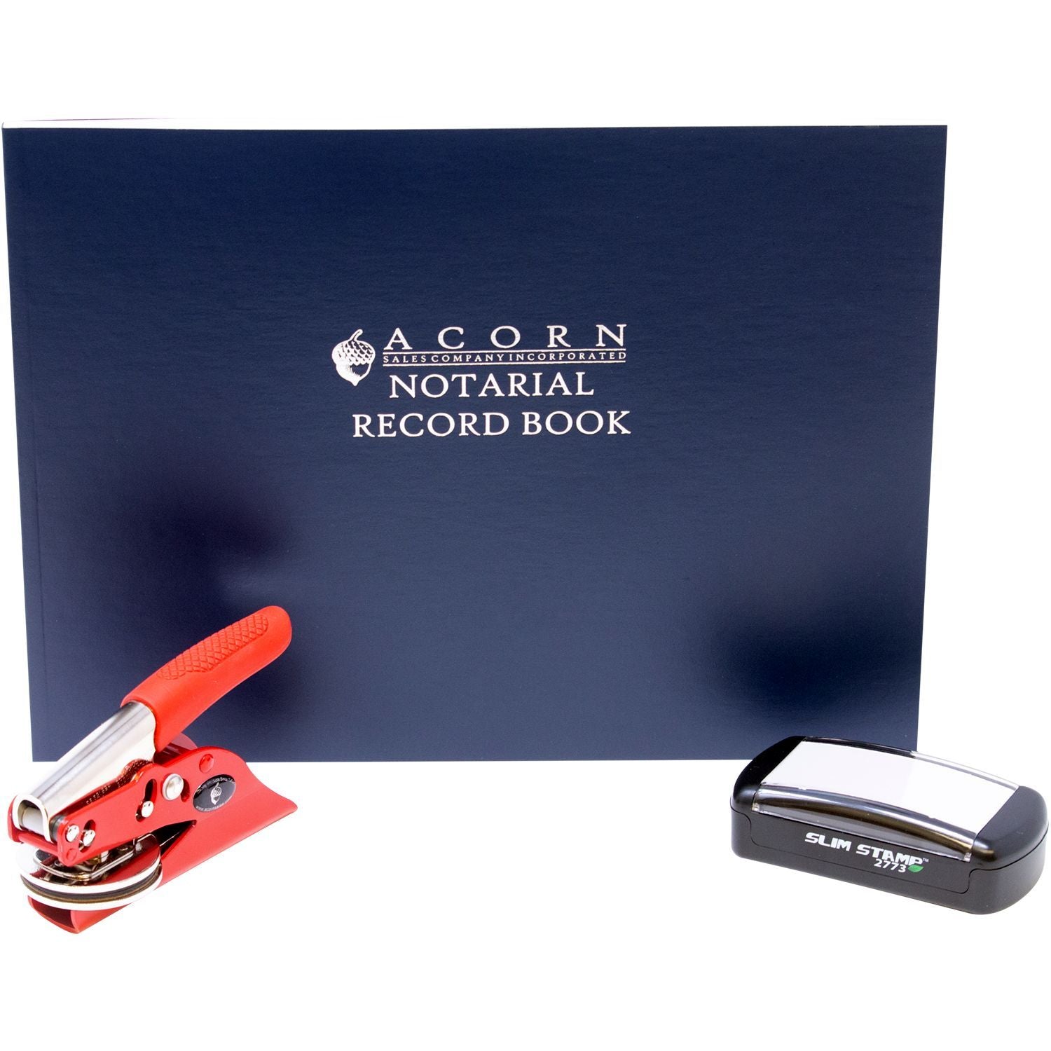 Acorn notarial record book with red embossing seal and black slim stamp for office notarization and document authentication.
