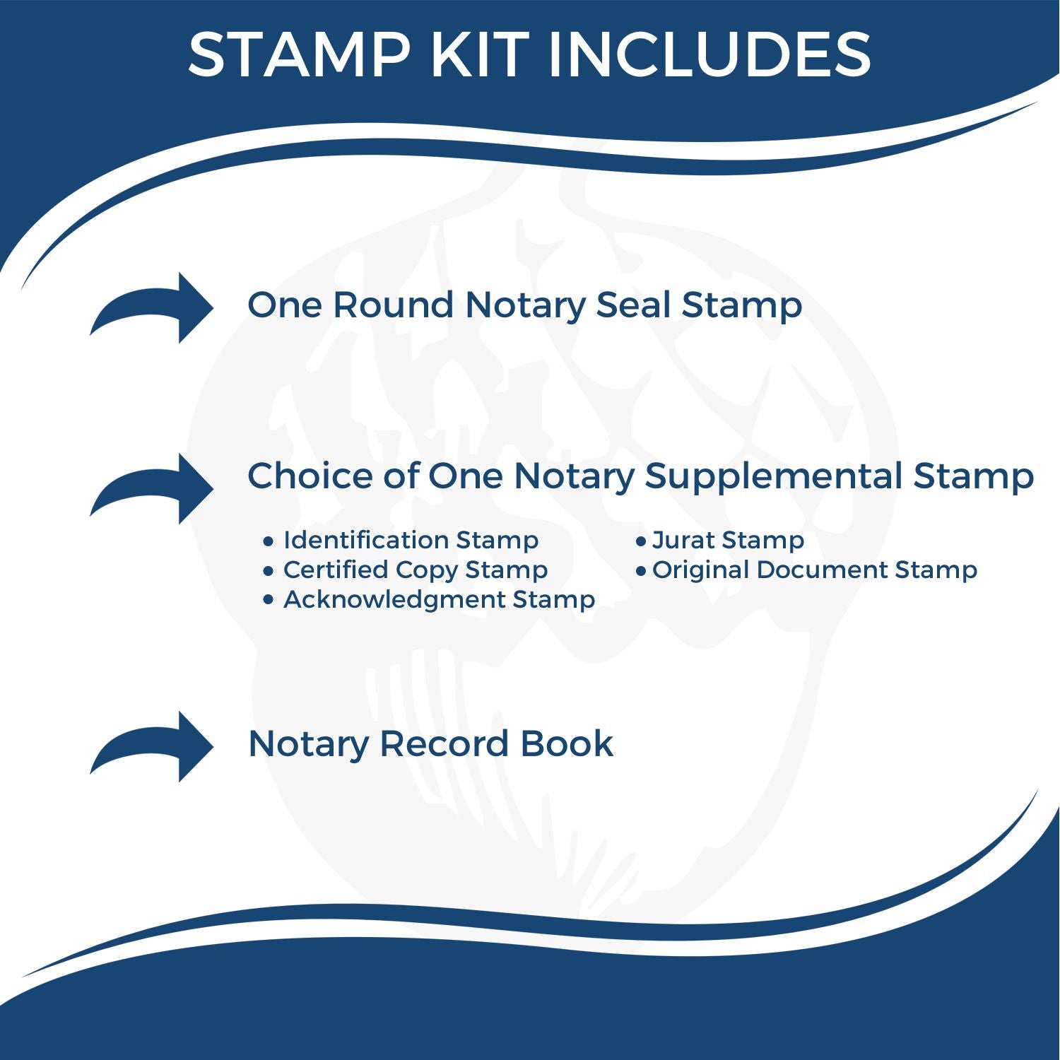 Notary stamp kit includes one round notary seal stamp, one supplemental stamp option, and a notary record book.