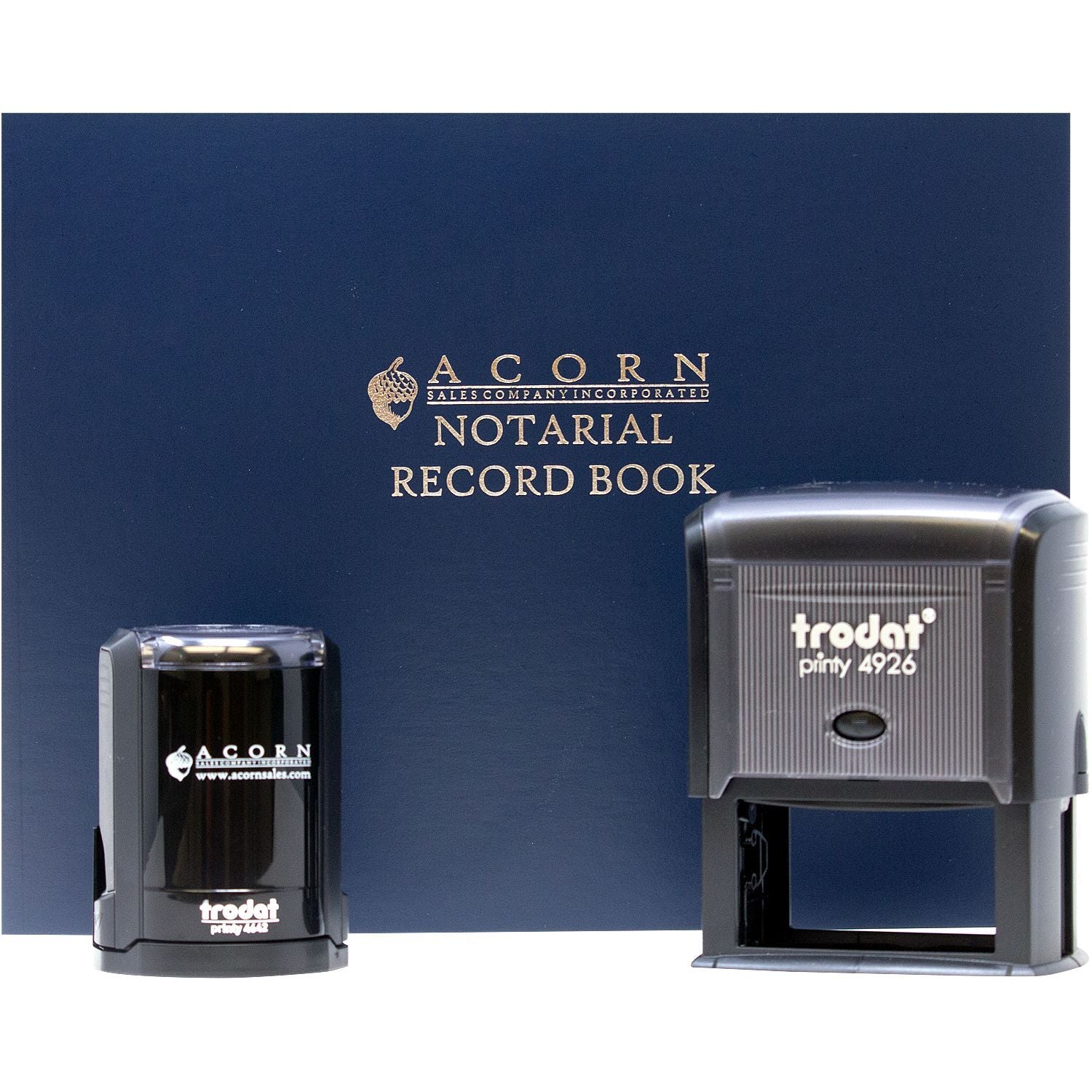 Acorn notarial record book with Trodat self-inking notary stamps on a blue cover, office notary supplies.