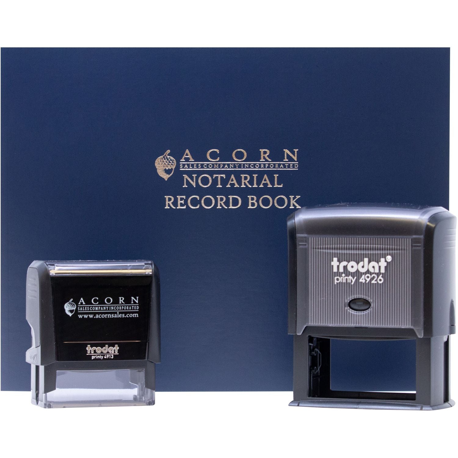 Acorn Notarial Record Book with custom self-inking notary stamps by Trodat, ideal for professional notary office use.