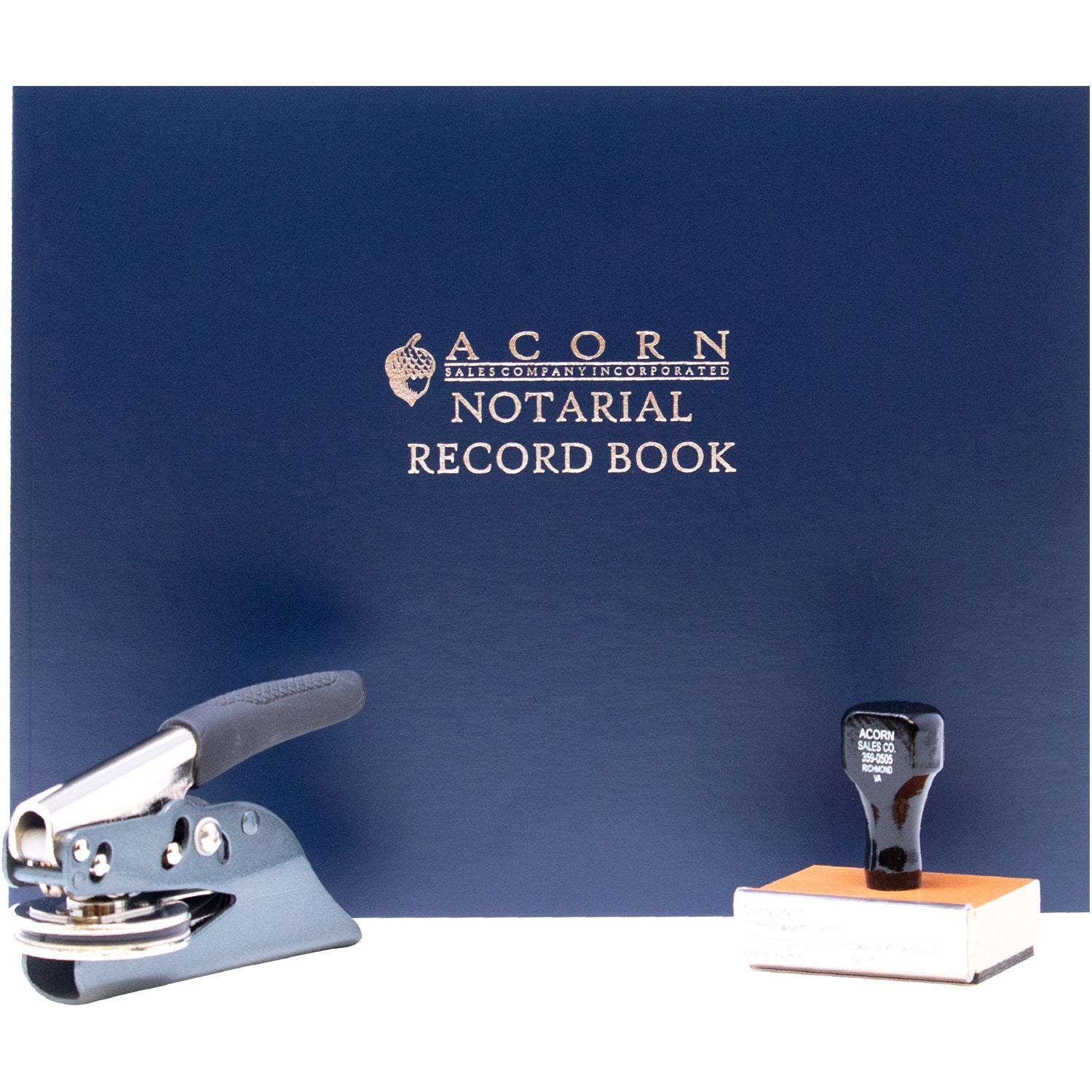 Acorn Notarial Record Book with notary stamp and office stapler, legal recordkeeping supplies
