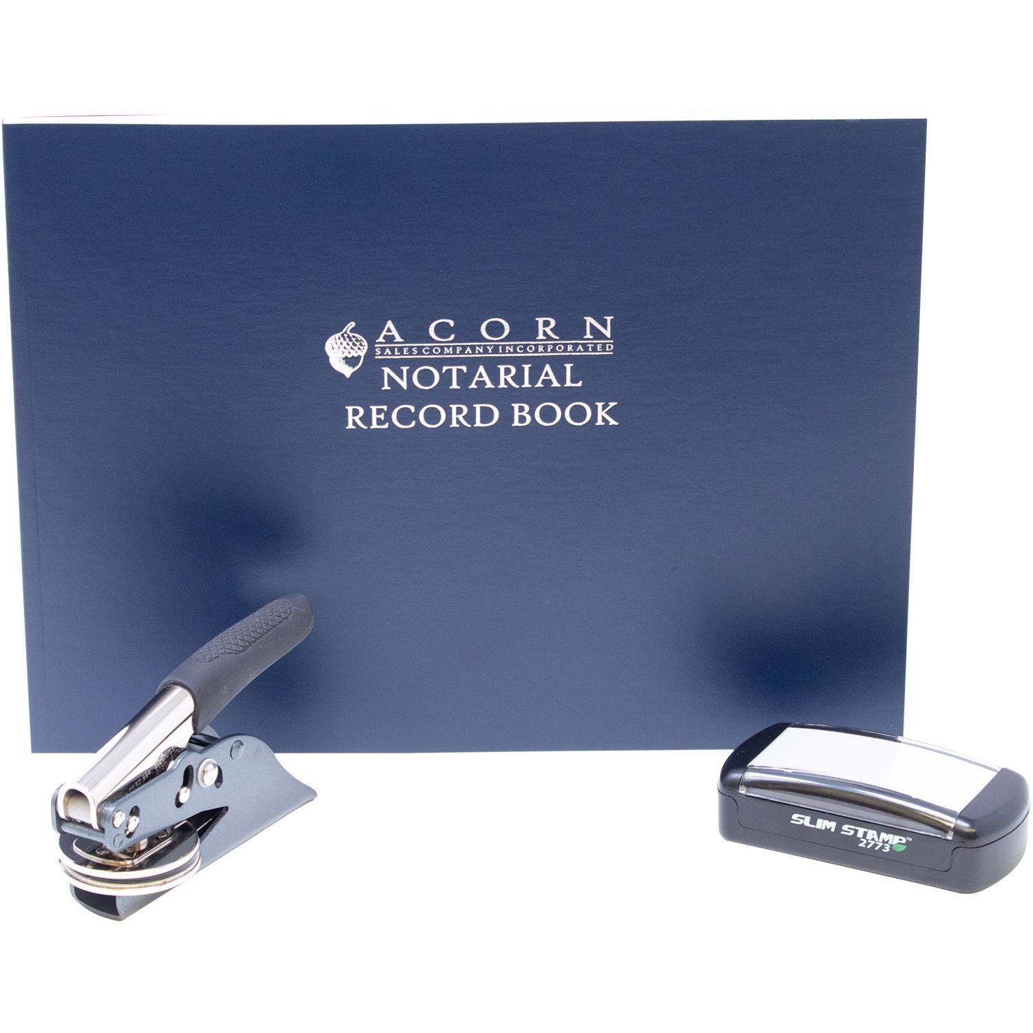 Blue Acorn notarial record book with hole punch and slim stamp for notary office supplies