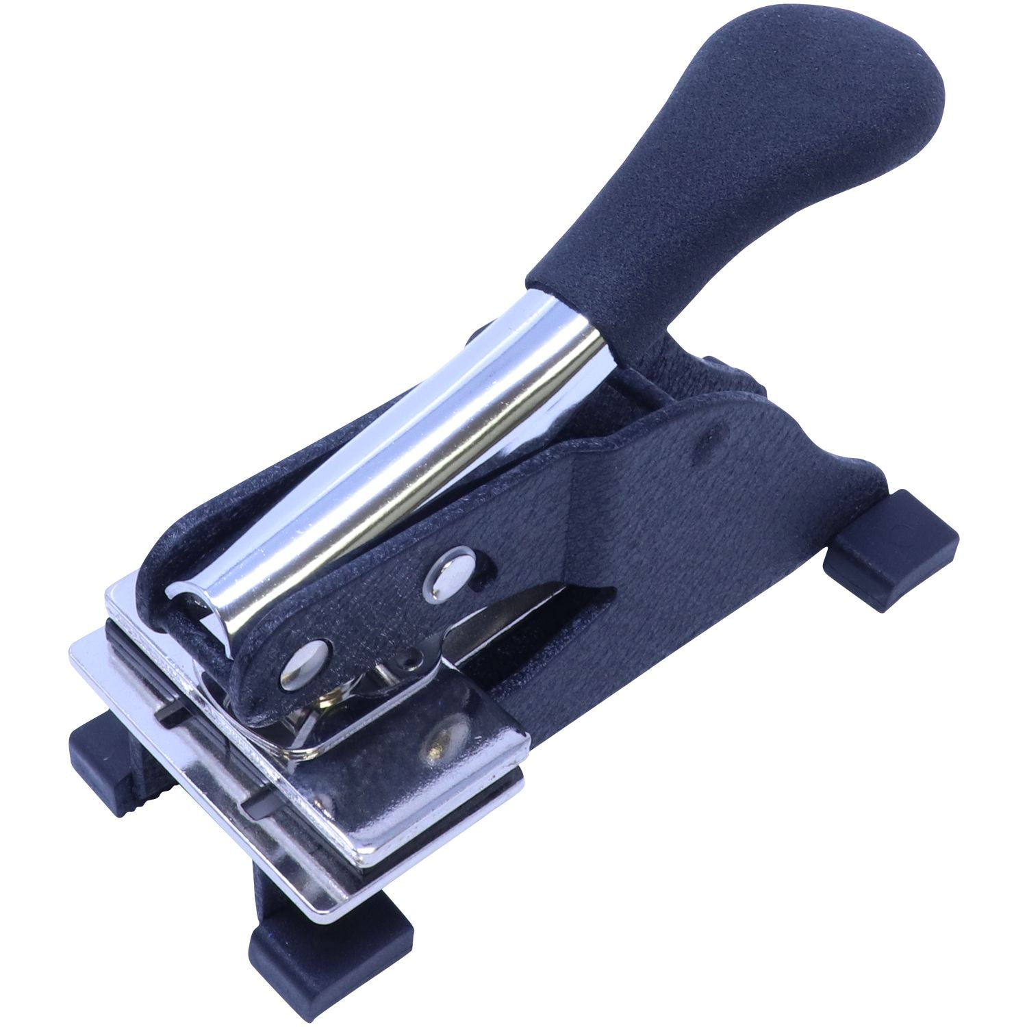 Heavy duty single hole punch tool with ergonomic handle and metal base on white background