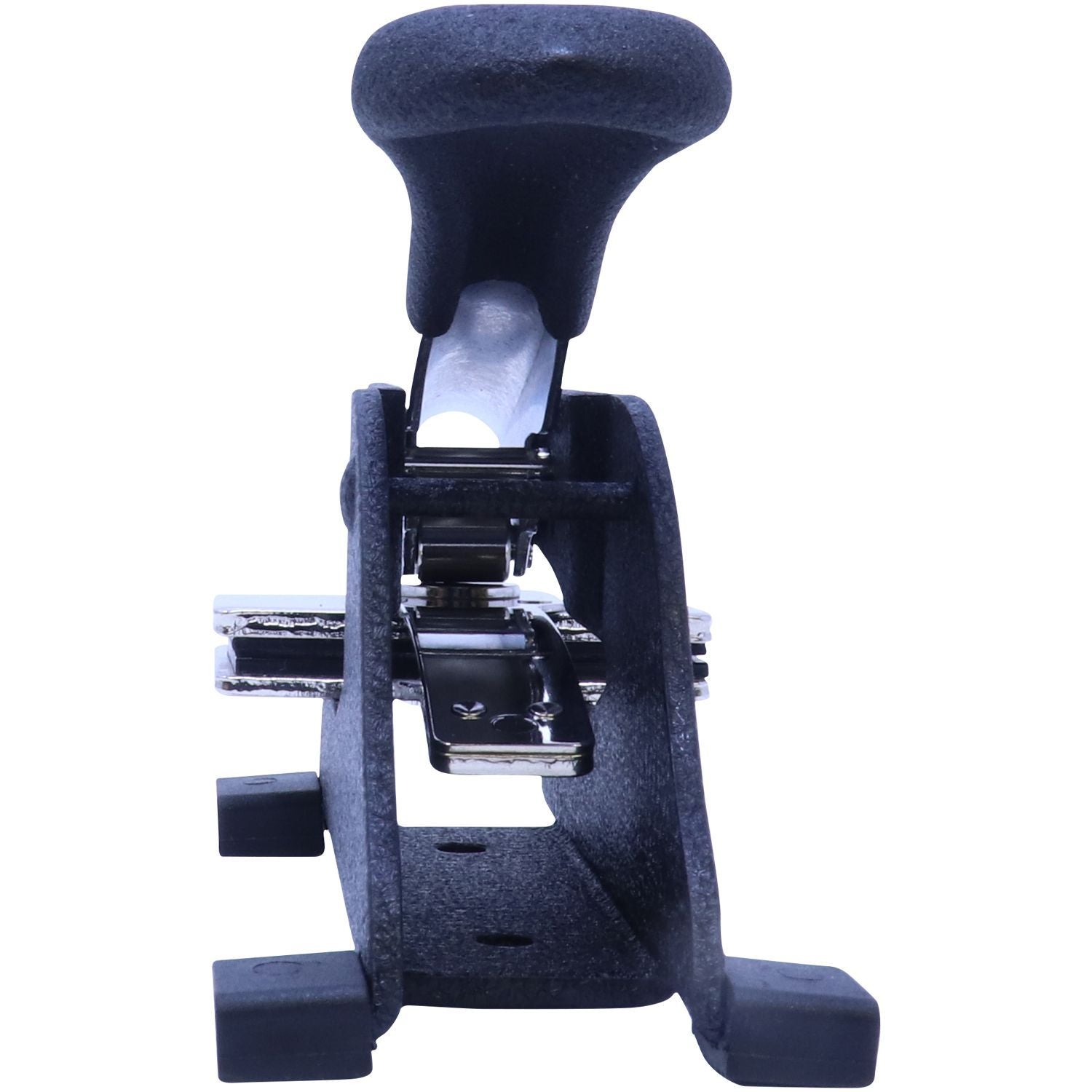 Black office chair tilt mechanism with adjustable lever, isolated on white background.
