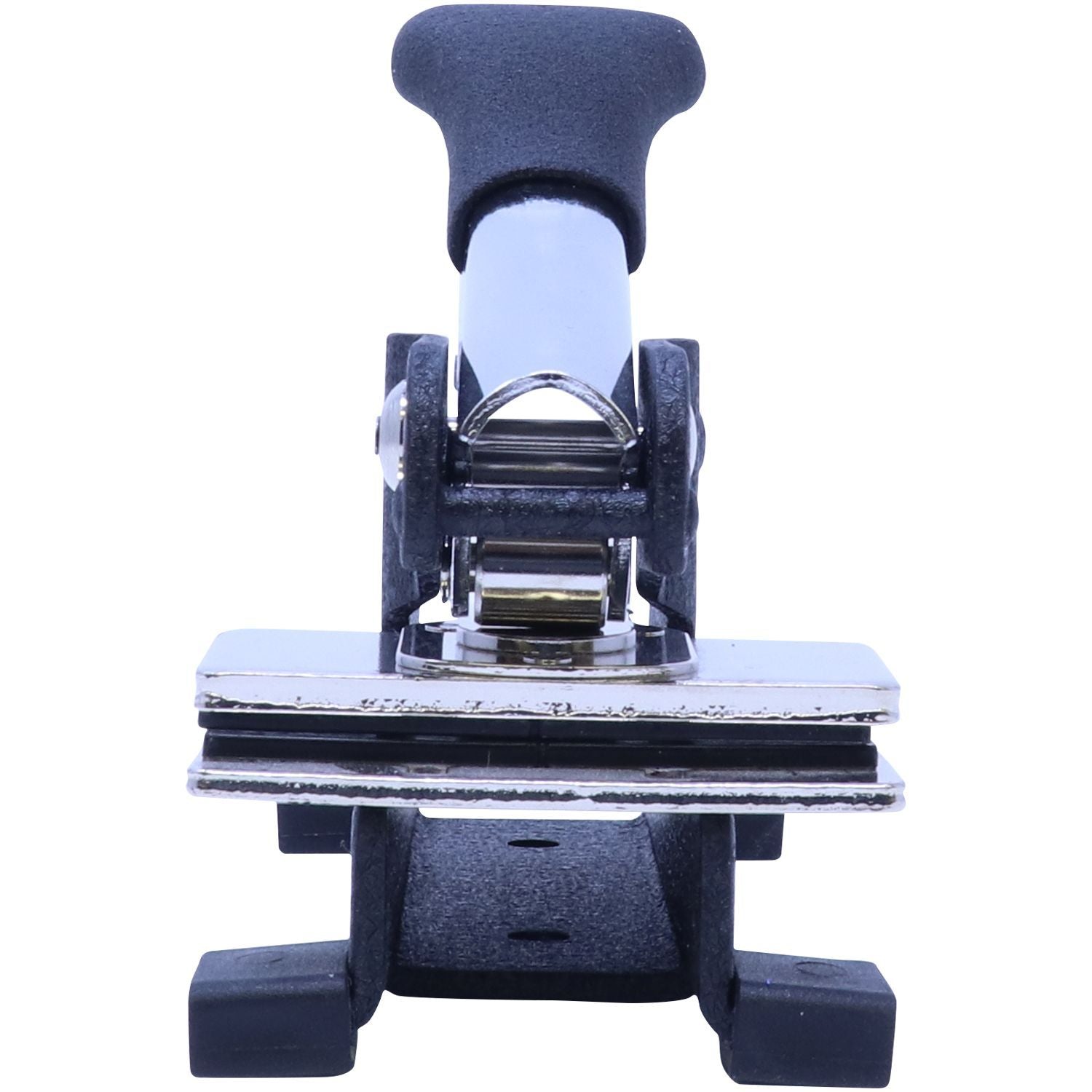 Heavy-duty black and blue paper hole punch tool isolated on white background