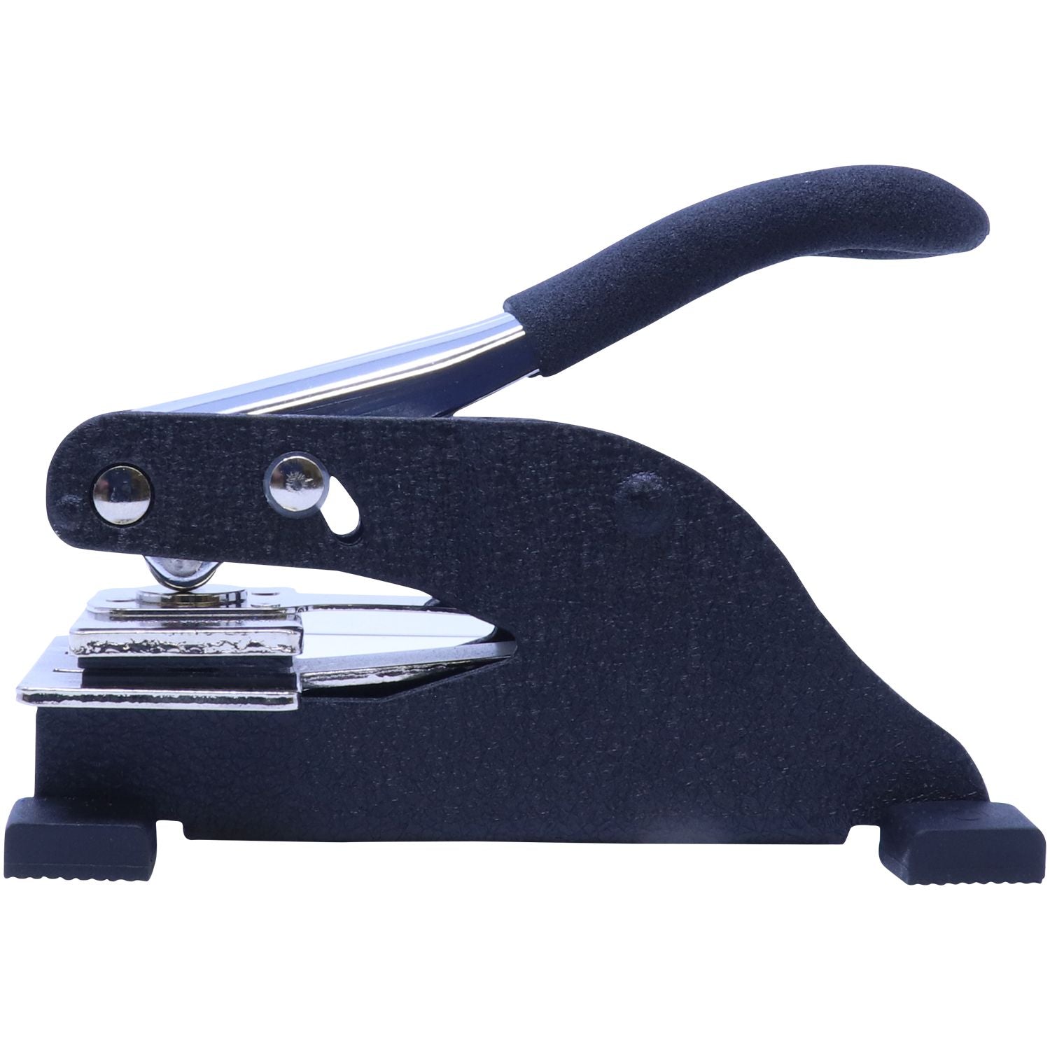 Heavy-duty black metal paper hole punch with ergonomic handle on a white background.