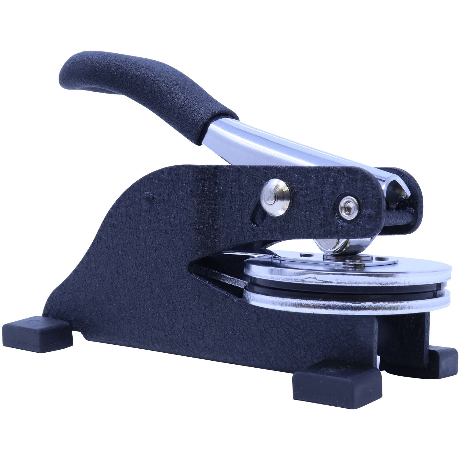 Compact manual button maker press machine with lever handle and metal die set on white background
