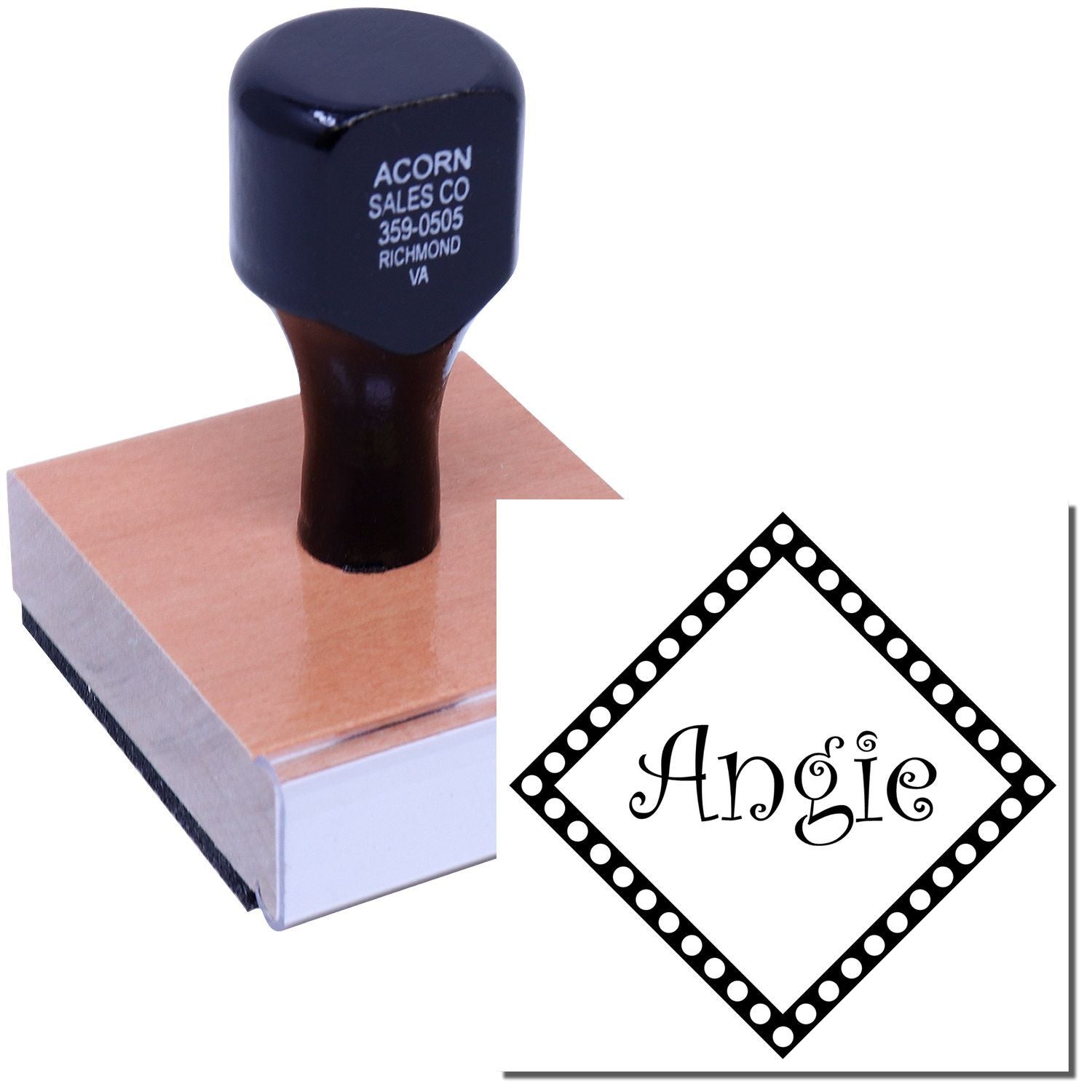 Custom rubber stamp with decorative Angie name design for personalized stationery, crafts, and small business branding.