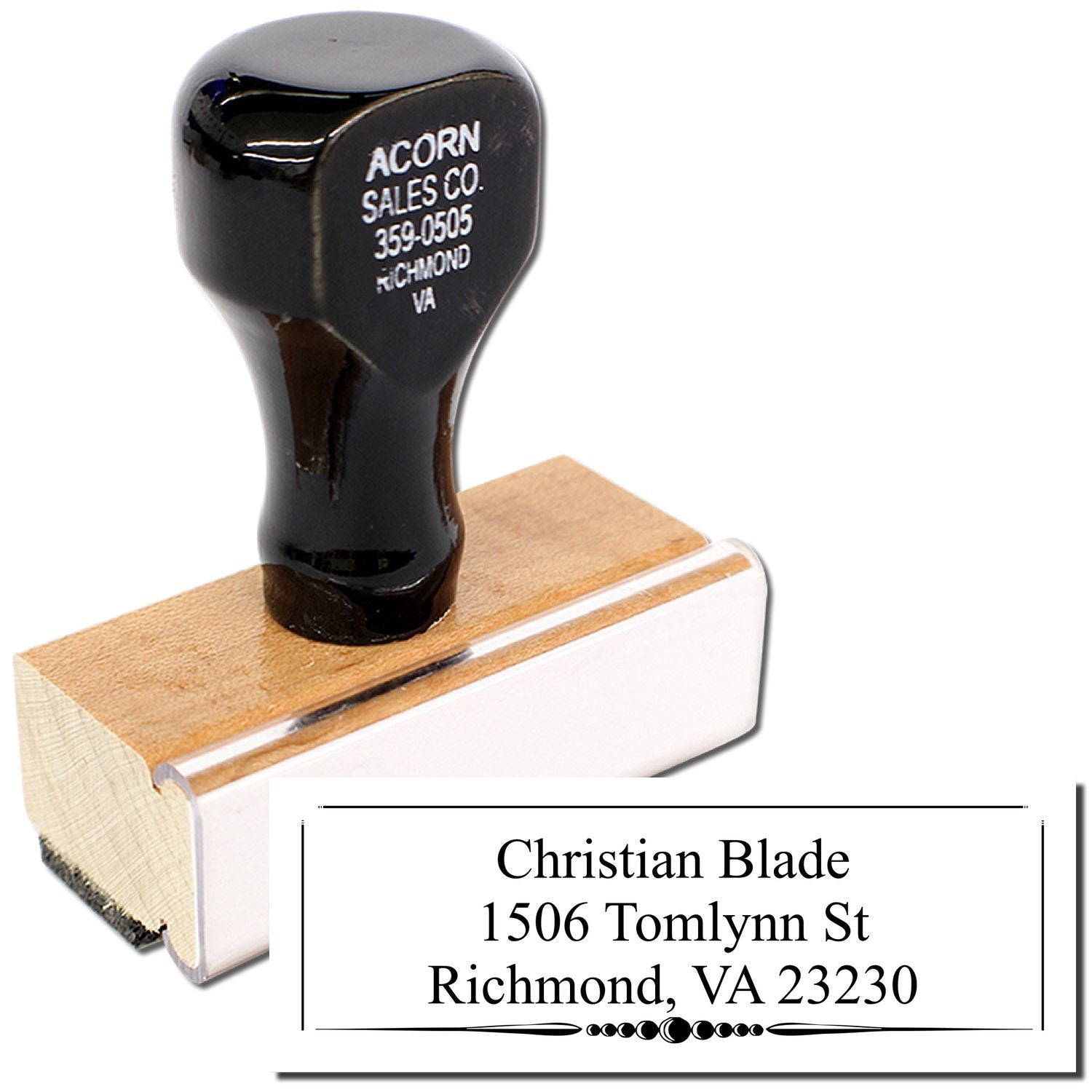 Custom address rubber stamp with wooden handle, personalized return address imprint for Christian Blade, Richmond, VA 23230.