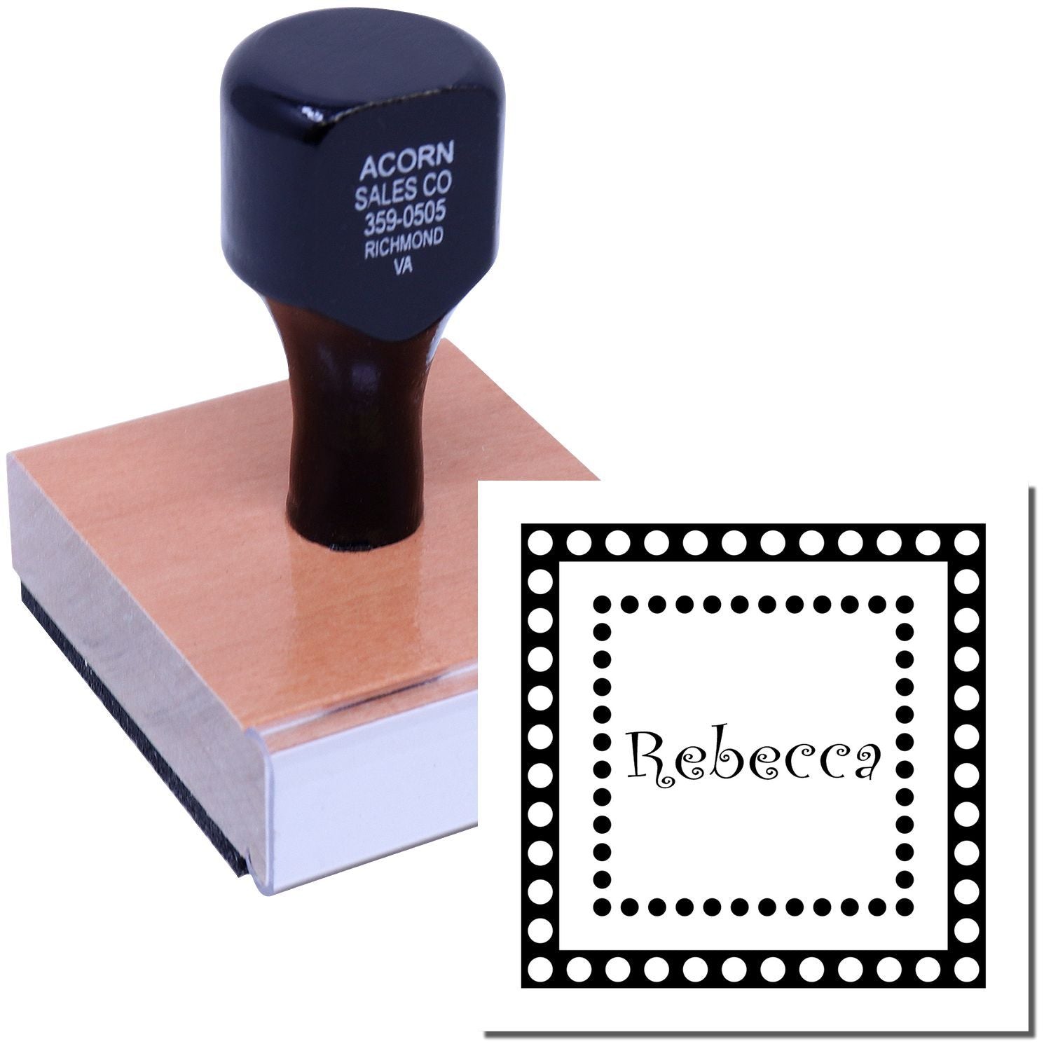 Custom rubber stamp with wooden handle, featuring a dotted border and Rebecca name design for personal crafts and business branding.