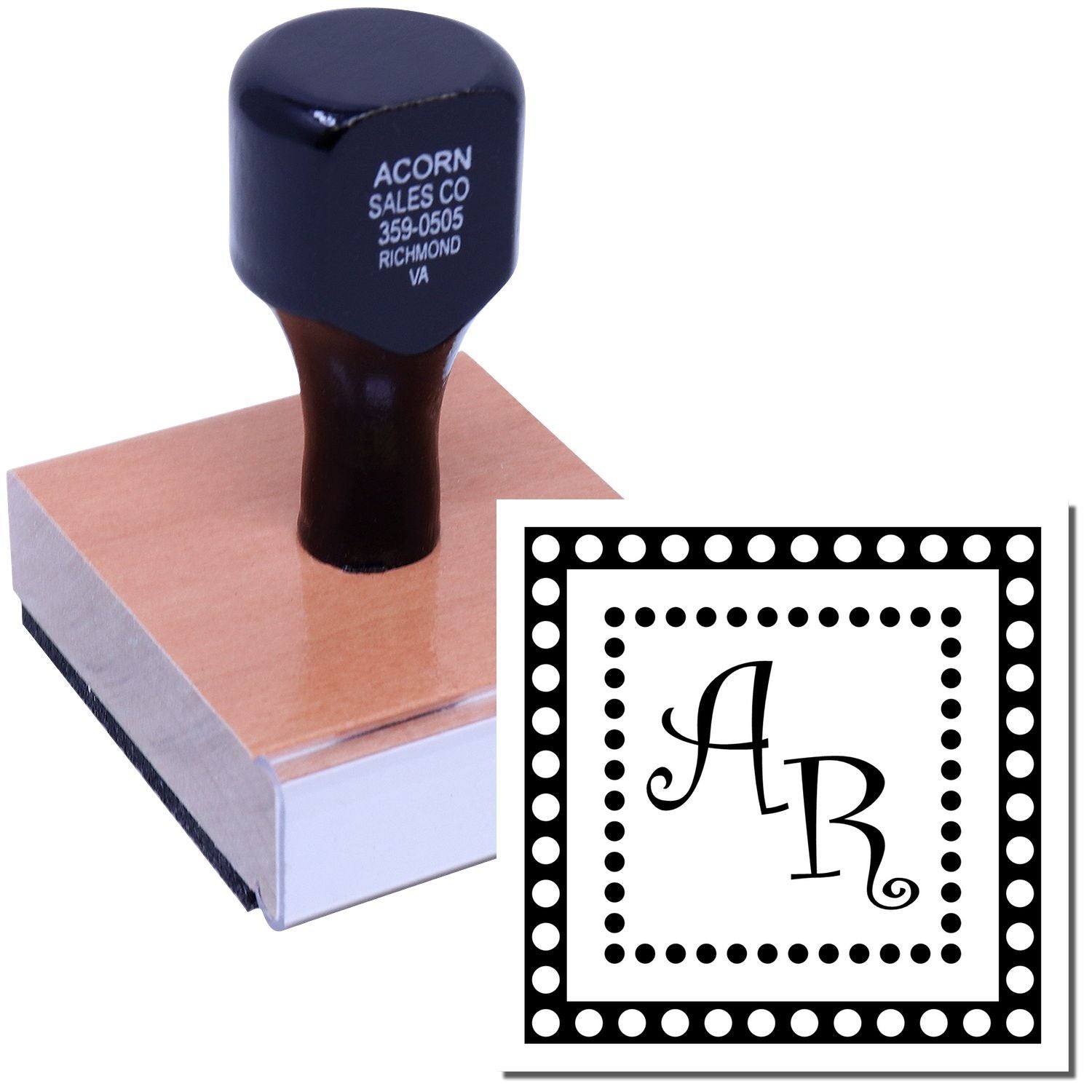 Custom monogram rubber stamp with decorative initials, ideal for personalized stationery, craft projects, and branding.