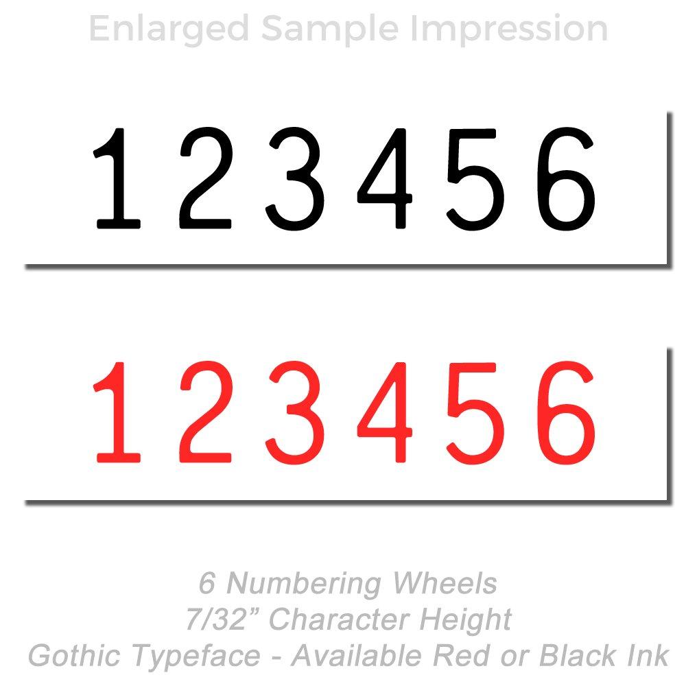 Sample impression of 6 numbering wheels in Gothic typeface, 7/32 inch character height, shown in black and red ink options.