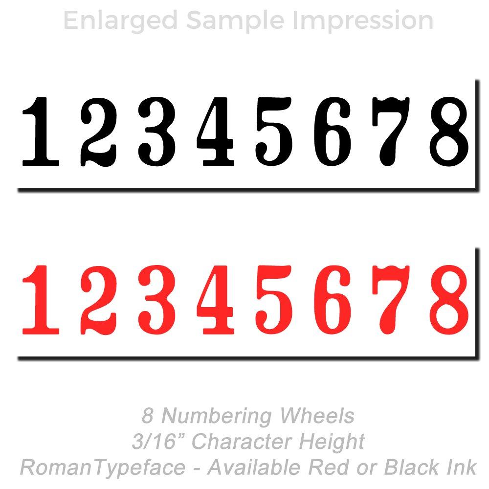 Numbering wheels with 1-8 digits in Roman typeface, 3/16 inch character height, available in black or red ink.