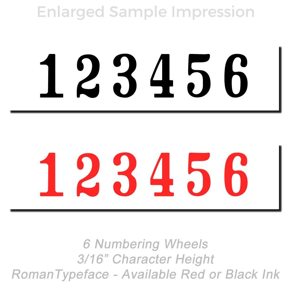 6 numbering wheels with 3/16-inch Roman typeface, showing black and red 123456 sample impressions for custom numbering stamp ink options.
