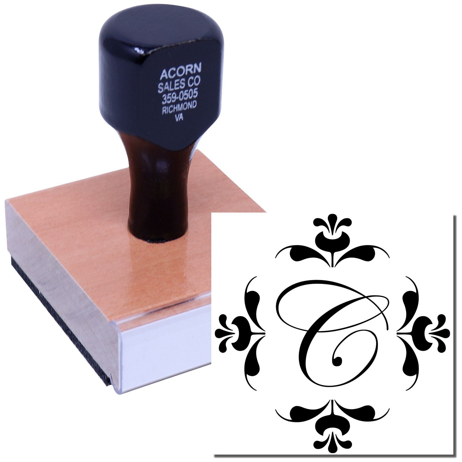 Custom monogram rubber stamp with decorative letter C for personalized invitations, wedding favors, and stationery branding
