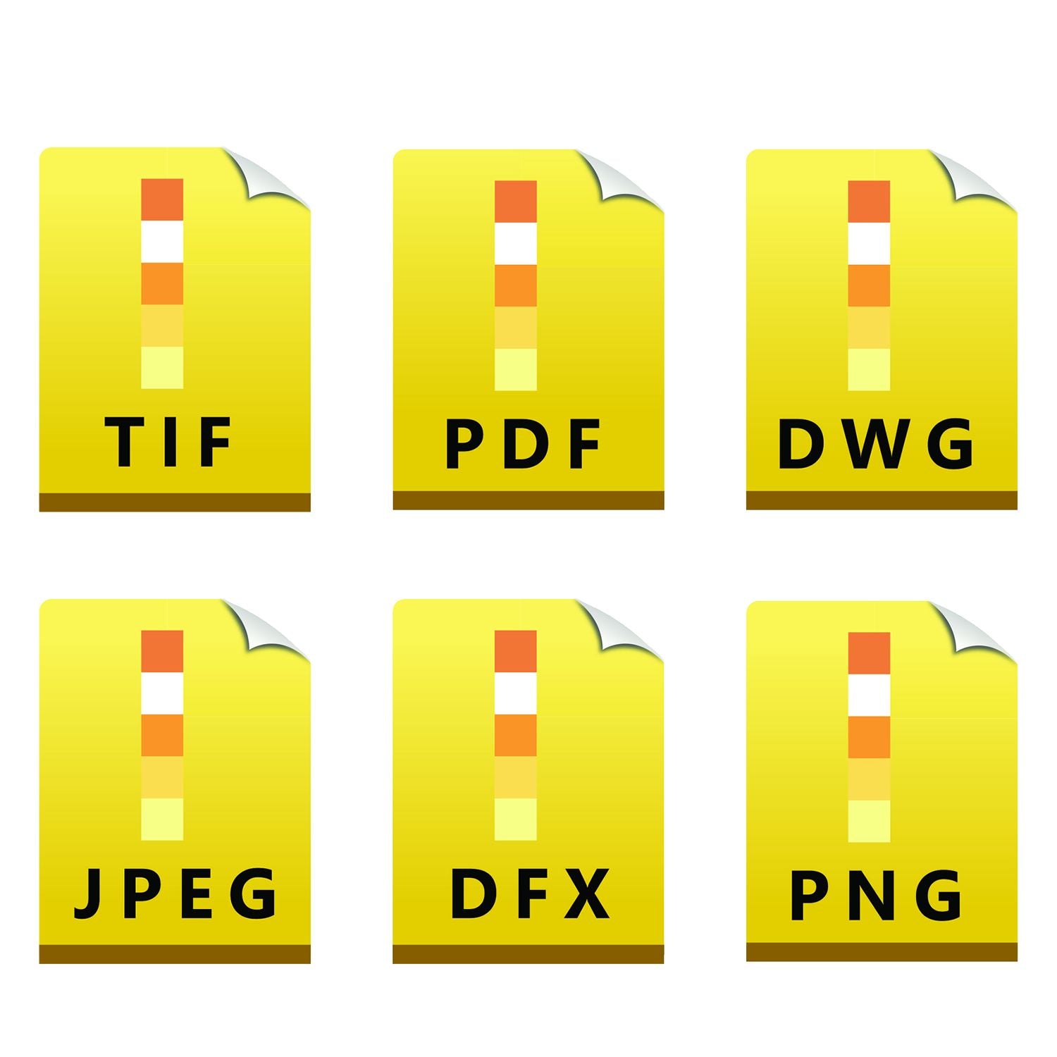 Yellow file format icons labeled TIF, PDF, DWG, JPEG, DFX and PNG representing common digital document and image file types.