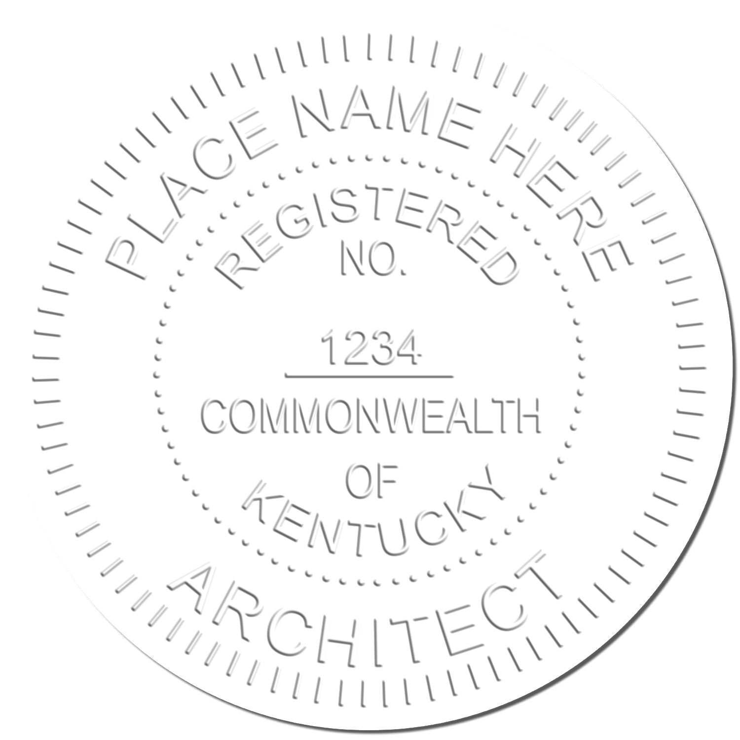Kentucky architect registered seal template with place name here, registration number 1234, Commonwealth of Kentucky.