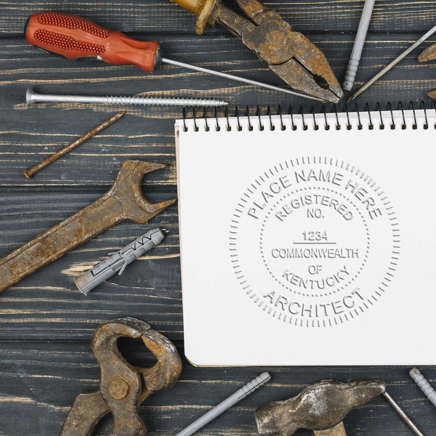 Rusty hand tools and screws around a notebook with a Kentucky architect seal on a dark wood background.