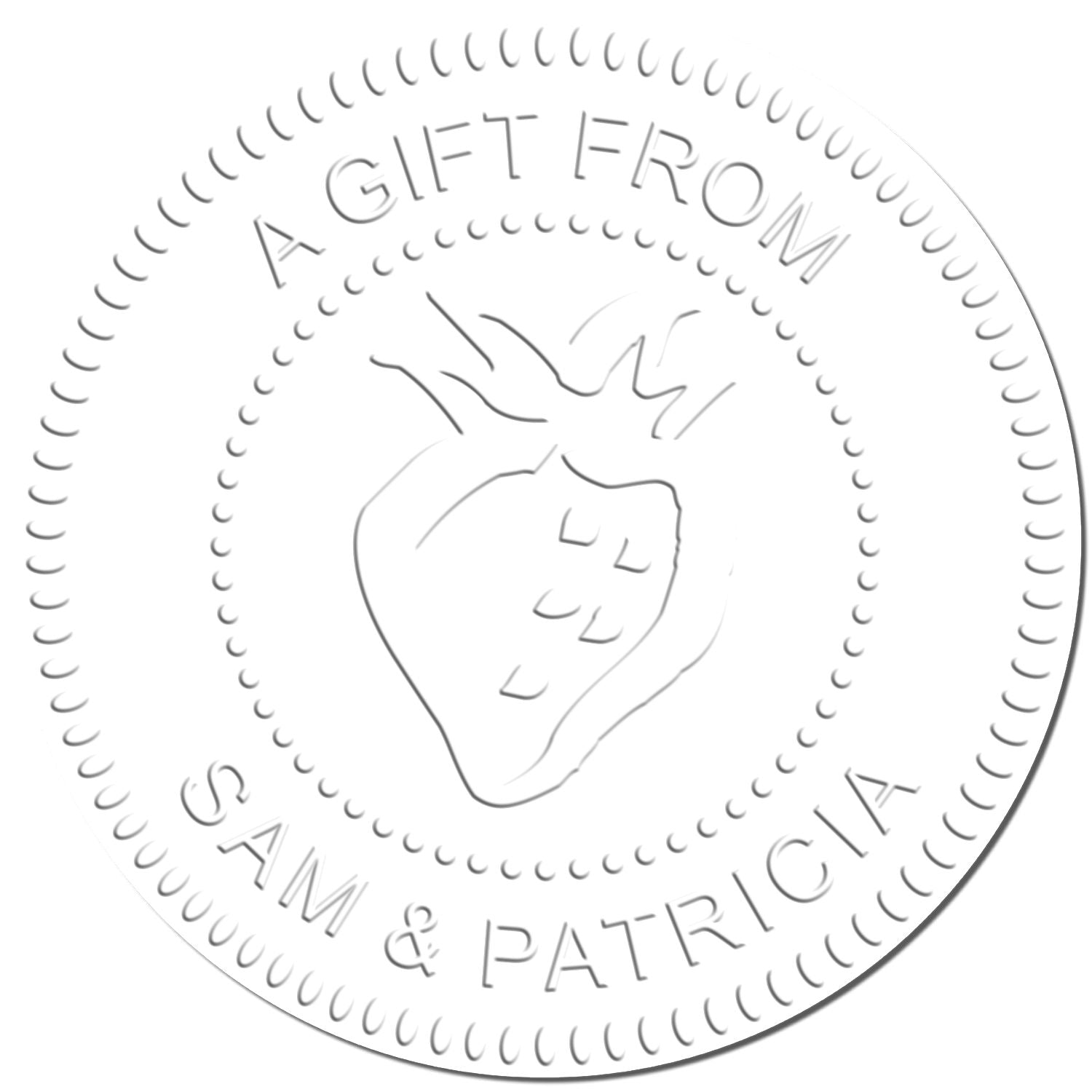 Embossed A Gift from Sam & Patricia circular logo with a stylized strawberry design.