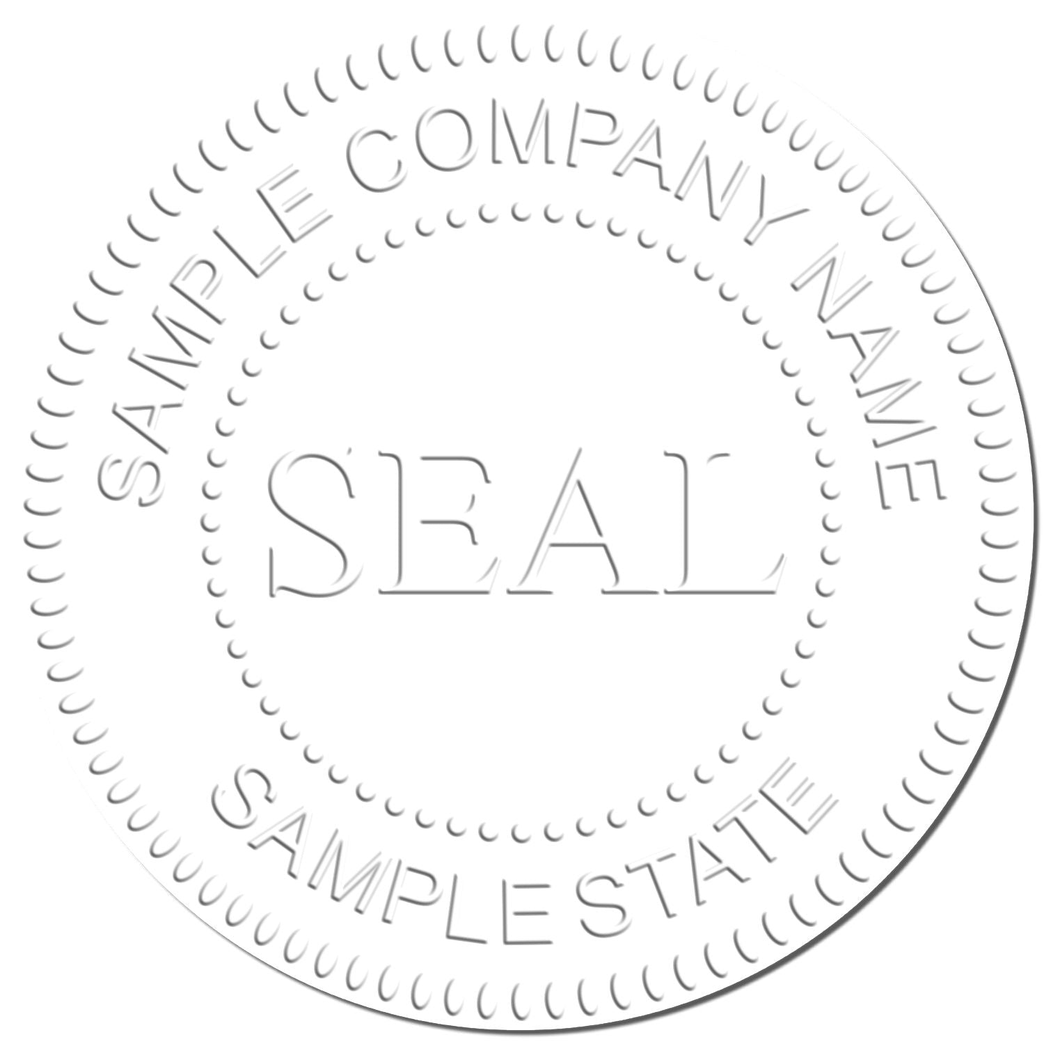 White embossed sample company seal stamp with circular border and placeholder text for business branding.
