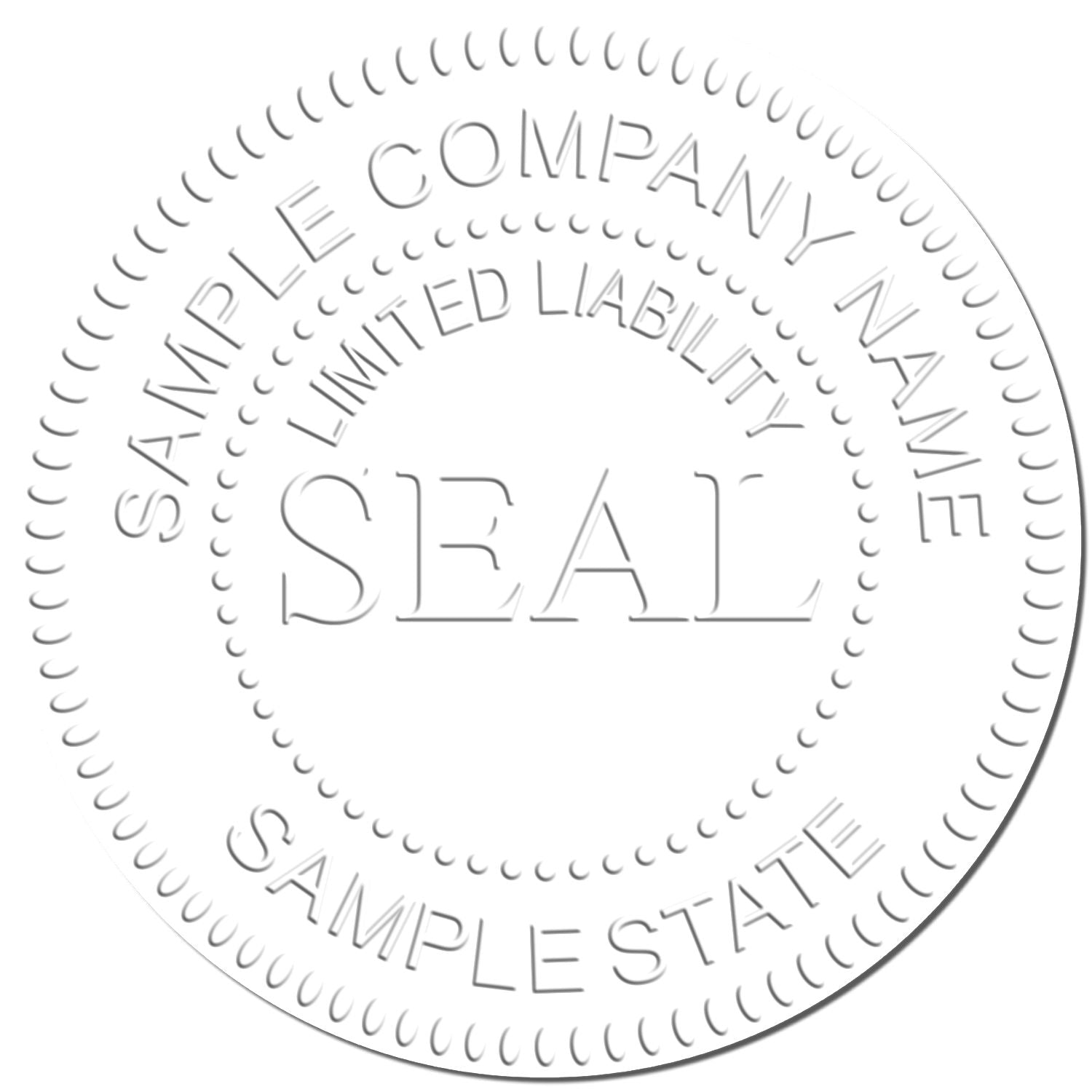 Blank corporate seal stamp template with Sample Company Name Limited Liability Sample State text and centered SEAL design.