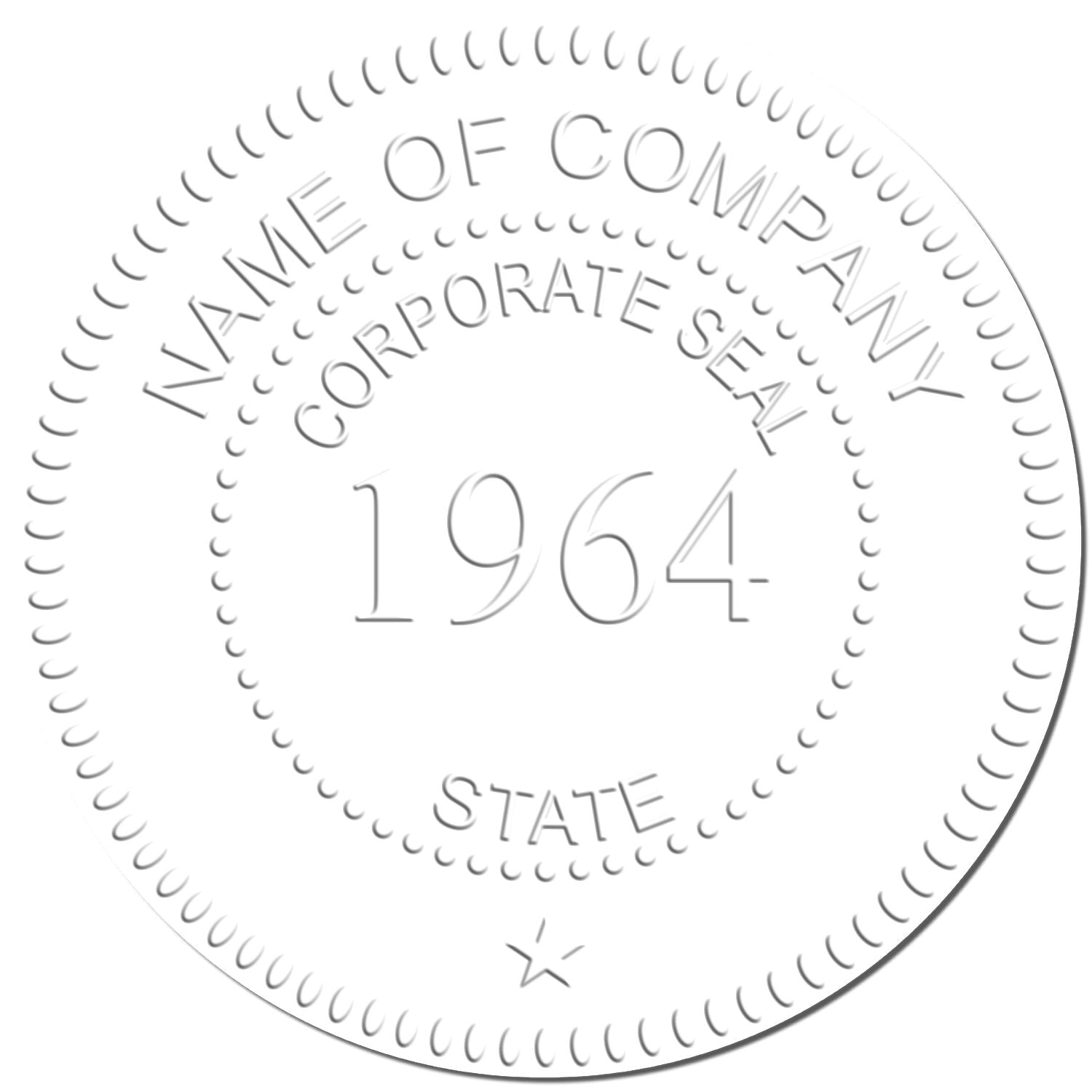 Blank corporate seal stamp design with Name of Company, Corporate Seal, State, and 1964 embossed in a circular emblem.