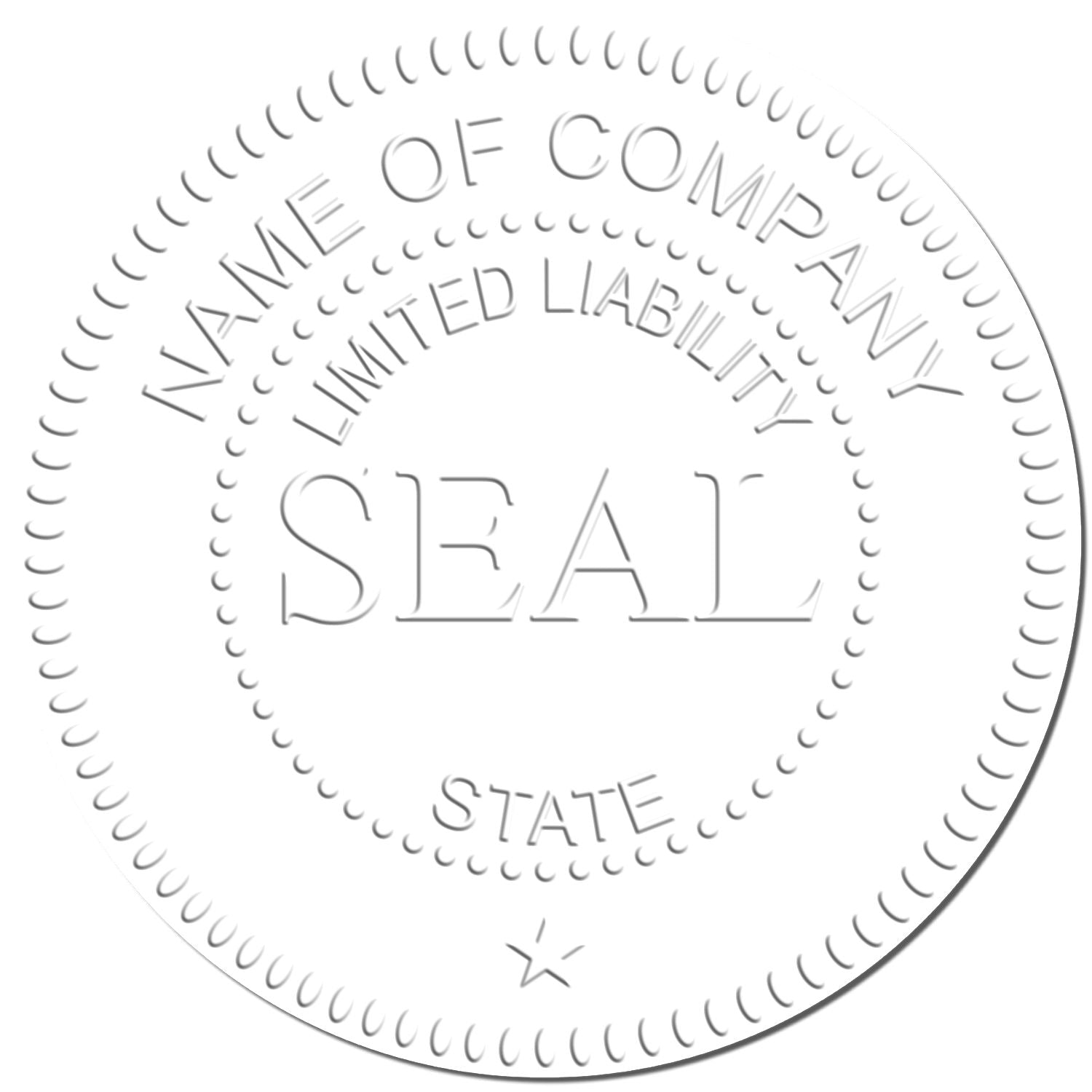 Blank company seal stamp template with circular embossed text reading Name of Company, Limited Liability, Seal, and State