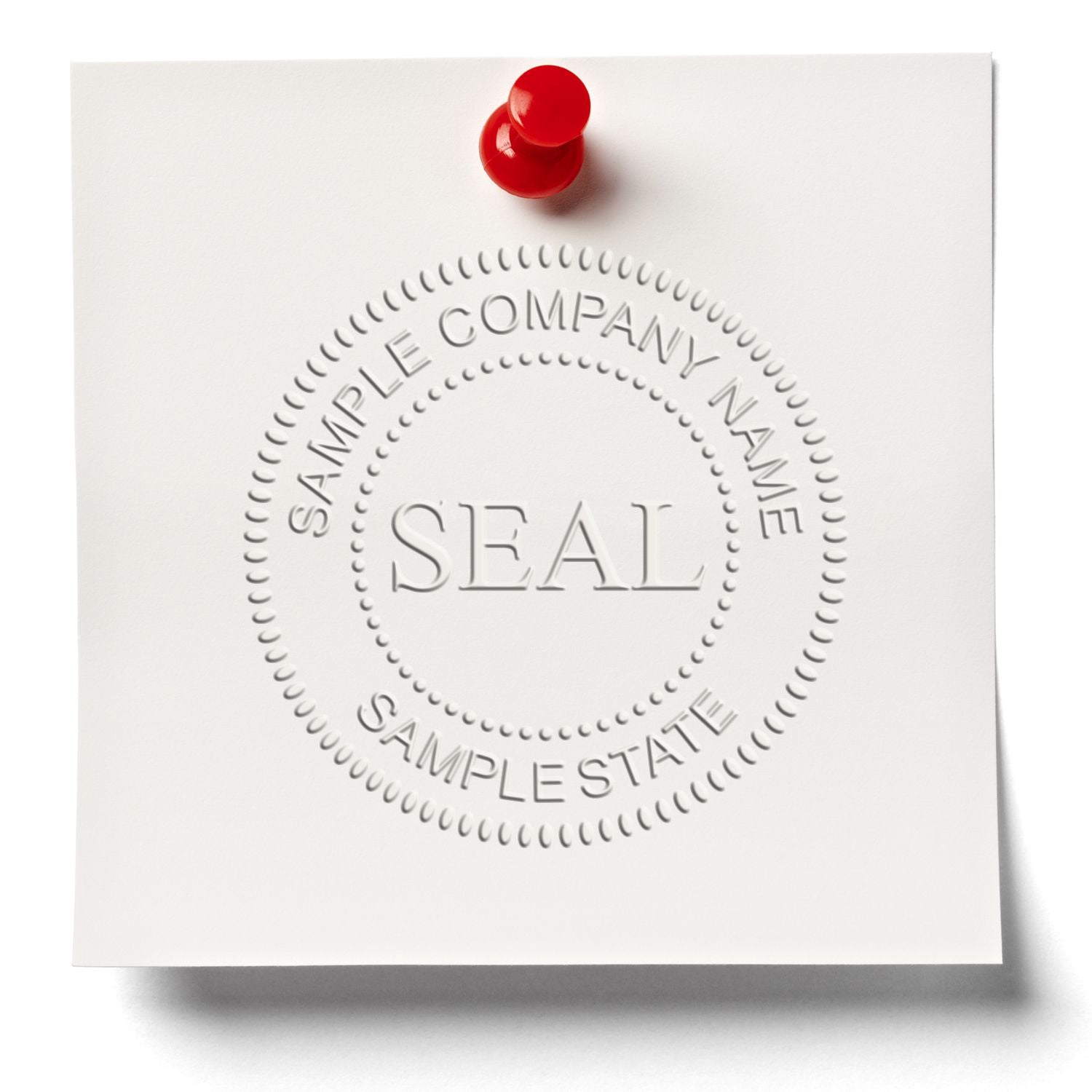 White embossed sample company seal on paper pinned with a red push pin, professional business stamp design.